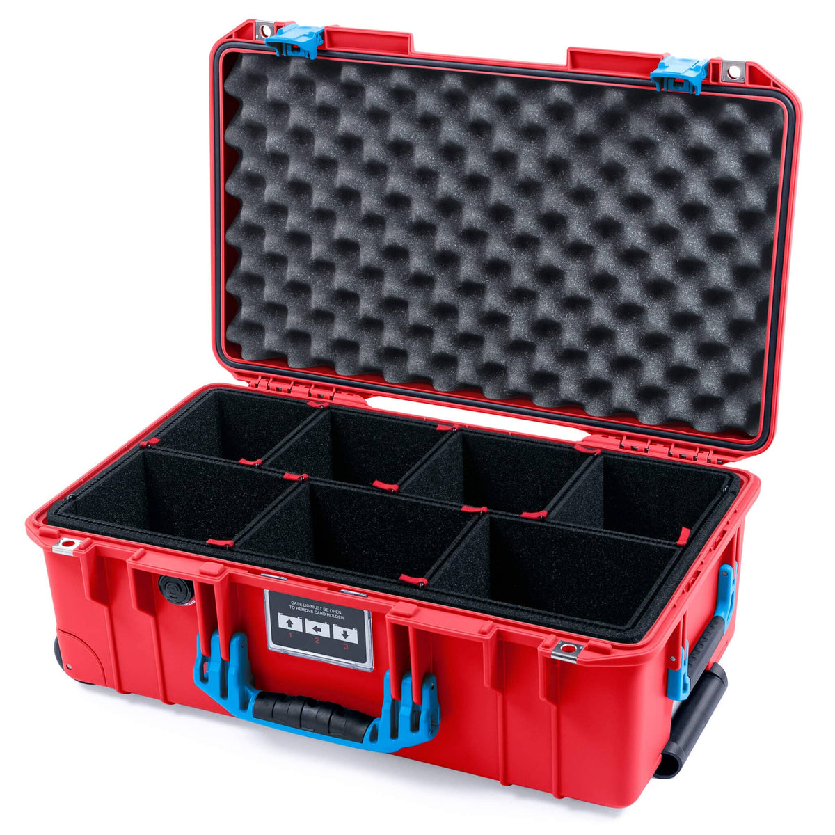 Pelican 1535 Air Case, Red with Blue Handles &amp; Push-Button Latches TrekPak Divider System with Convolute Lid Foam ColorCase 015350-0020-320-121