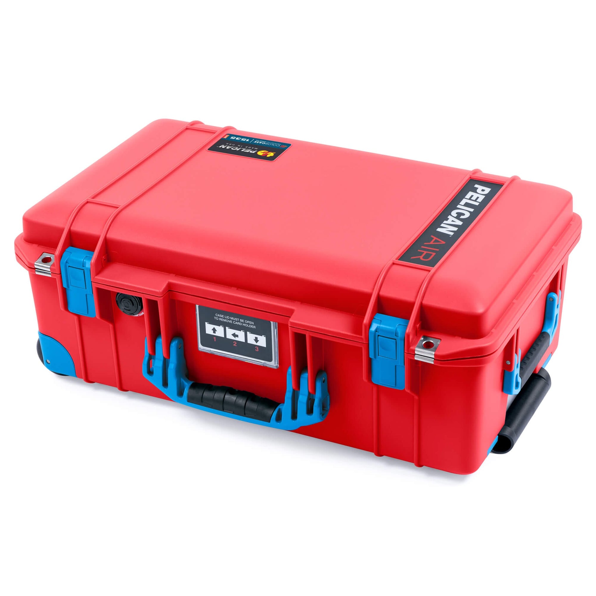 Pelican 1535 Air Case, Red with Blue Handles, Push-Button Latches & Trolley ColorCase 