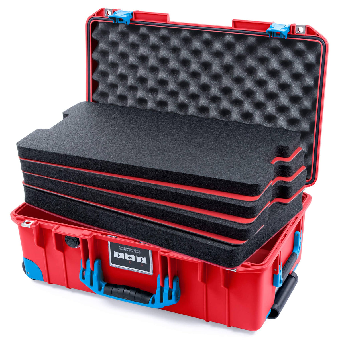 Pelican 1535 Air Case, Red with Blue Handles, Push-Button Latches &amp; Trolley Custom Tool Kit (4 Foam Inserts with Convolute Lid Foam) ColorCase 015350-0060-320-121-120