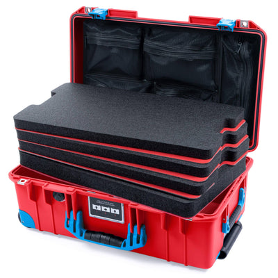 Pelican 1535 Air Case, Red with Blue Handles, Push-Button Latches & Trolley Custom Tool Kit (4 Foam Inserts with Mesh Lid Organizer) ColorCase 015350-0160-320-121-120