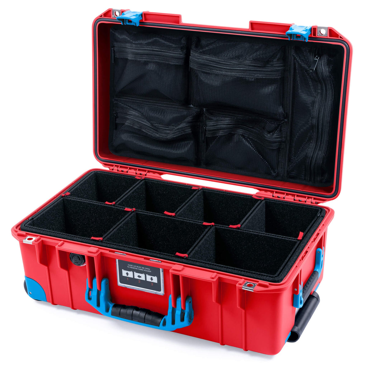 Pelican 1535 Air Case, Red with Blue Handles, Push-Button Latches &amp; Trolley TrekPak Divider System with Mesh Lid Organizer ColorCase 015350-0120-320-121-120