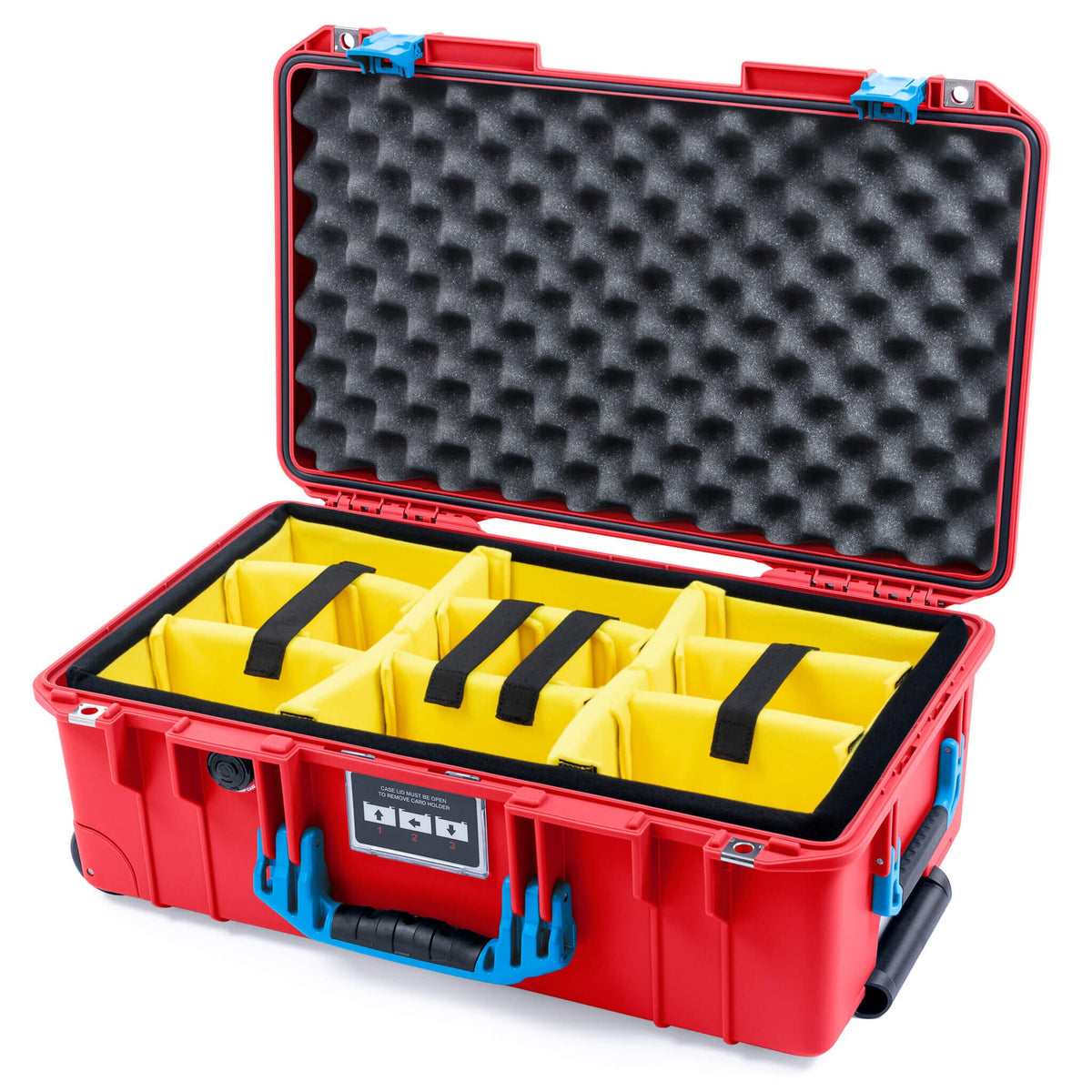 Pelican 1535 Air Case, Red with Blue Handles &amp; Push-Button Latches Yellow Padded Microfiber Dividers with Convolute Lid Foam ColorCase 015350-0010-320-121