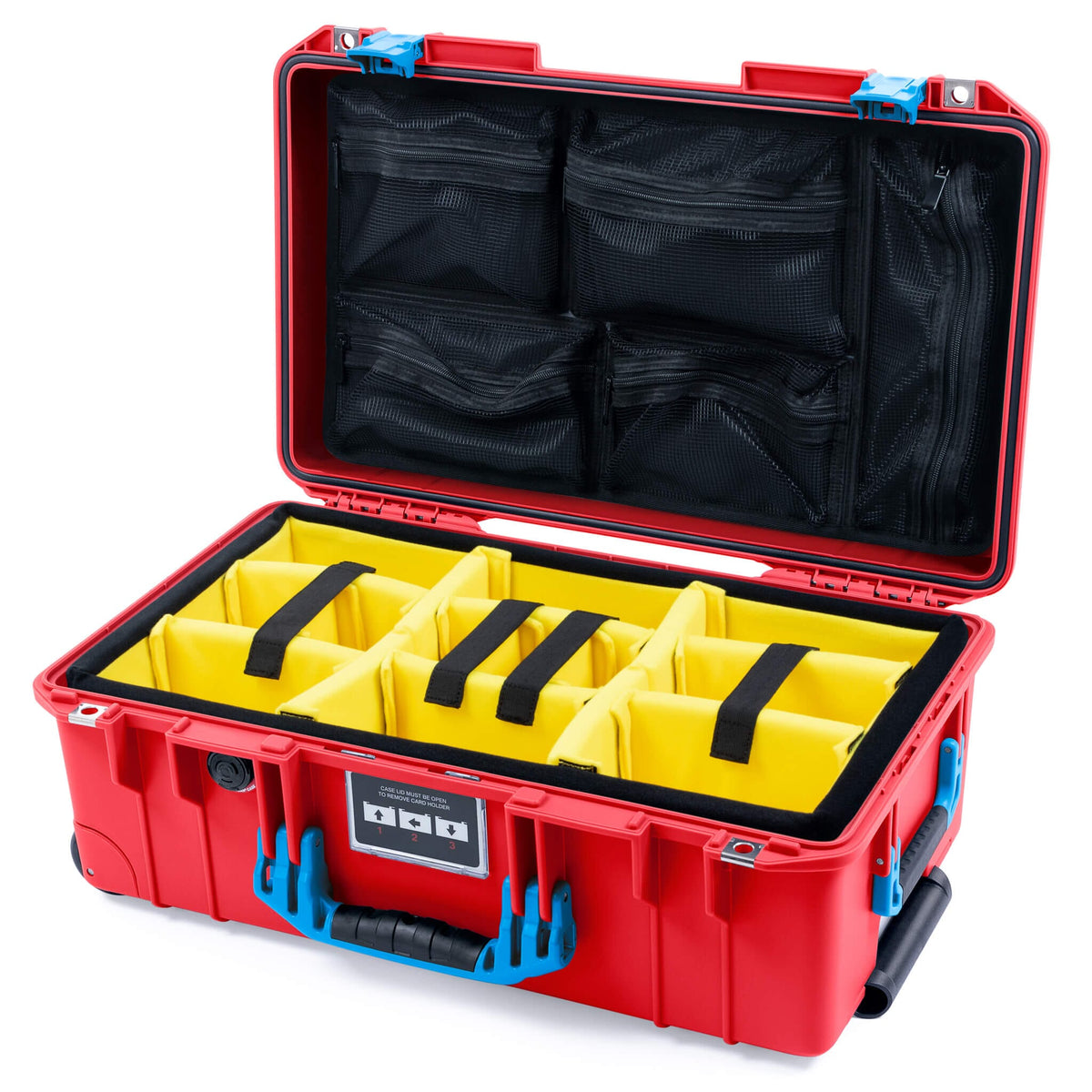 Pelican 1535 Air Case, Red with Blue Handles &amp; Push-Button Latches Yellow Padded Microfiber Dividers with Mesh Lid Organizer ColorCase 015350-0110-320-121