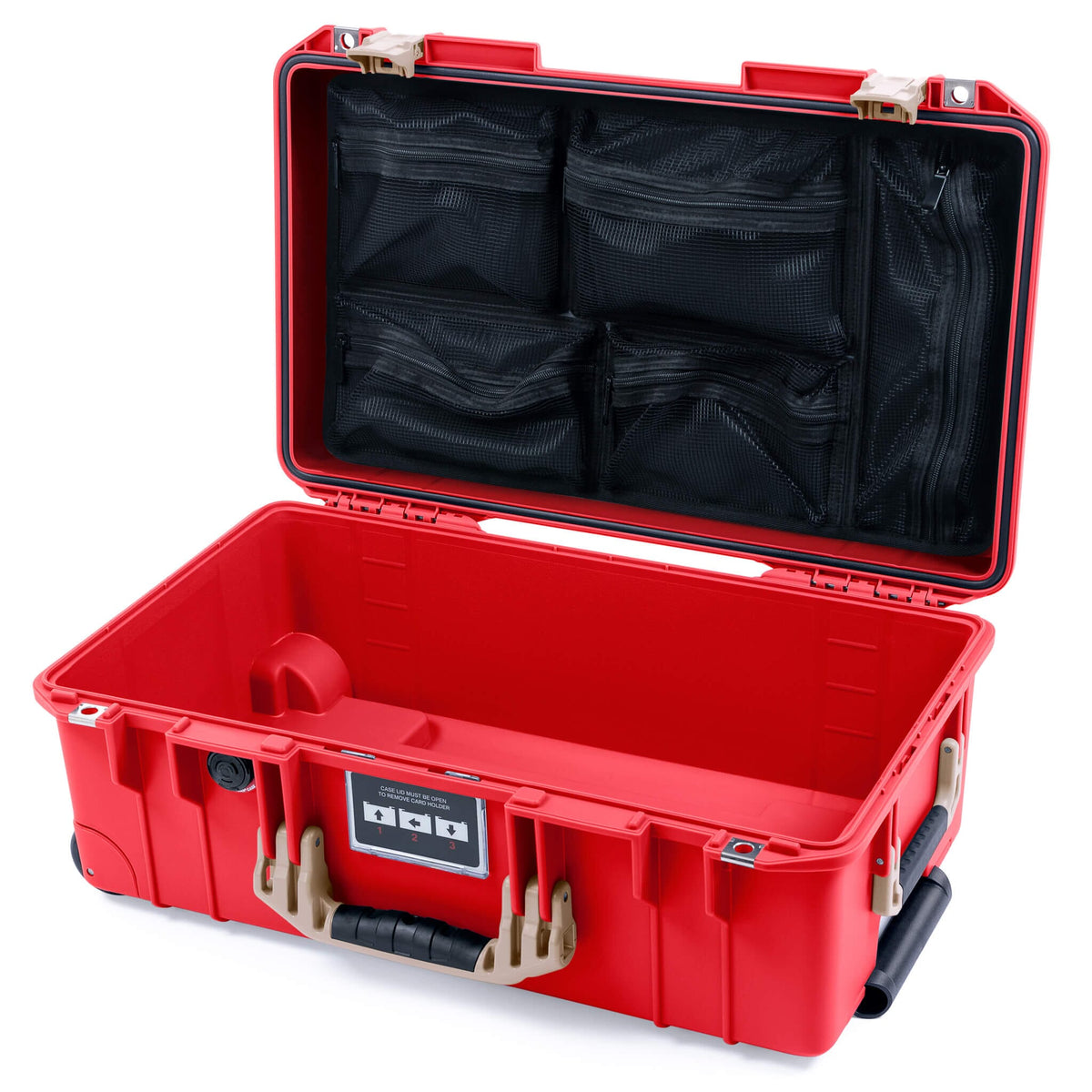 Pelican 1535 Air Case, Red with Desert Tan Handles &amp; Latches Mesh Lid Organizer Only ColorCase 015350-0100-320-311