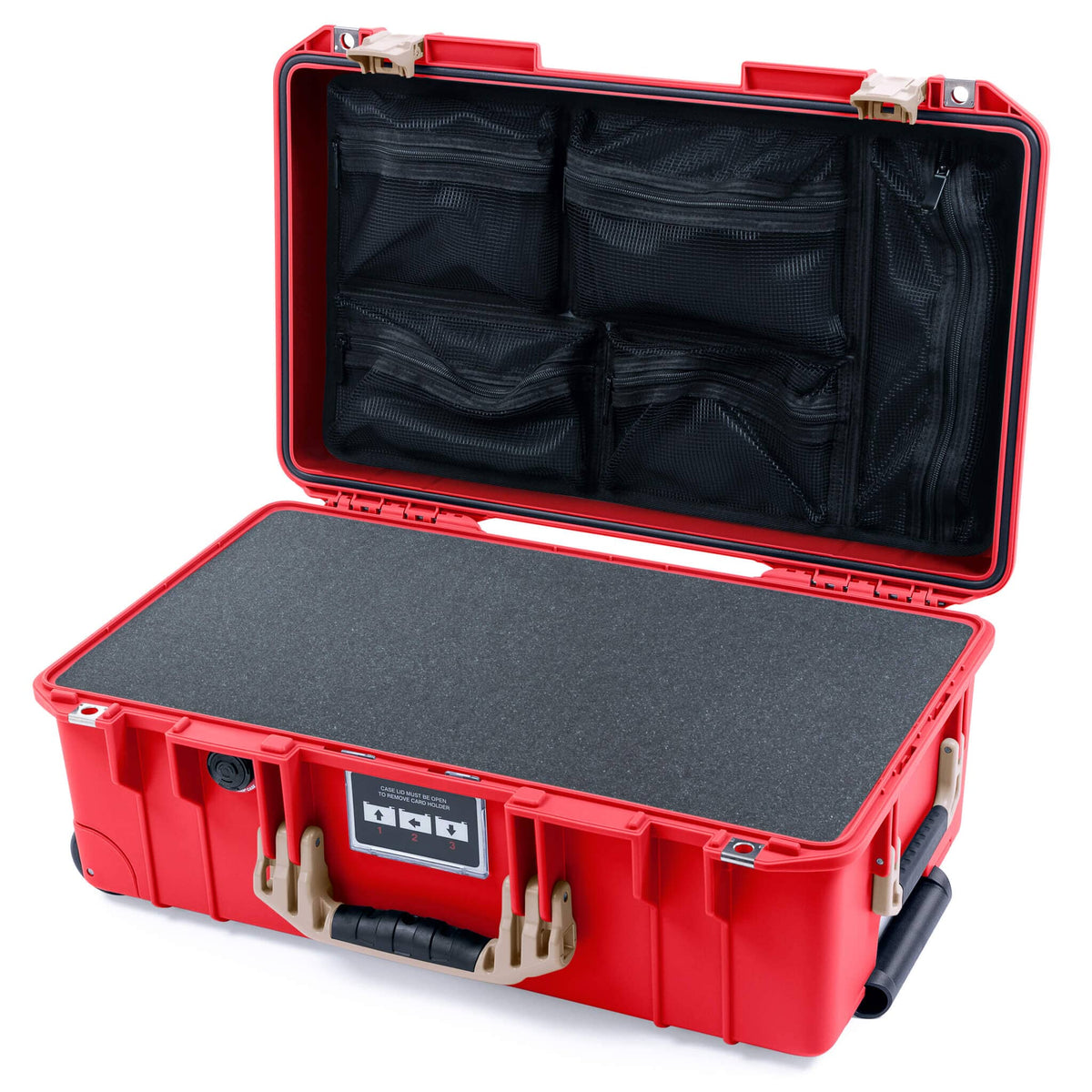 Pelican 1535 Air Case, Red with Desert Tan Handles &amp; Latches Pick &amp; Pluck Foam with Mesh Lid Organizer ColorCase 015350-0101-320-311
