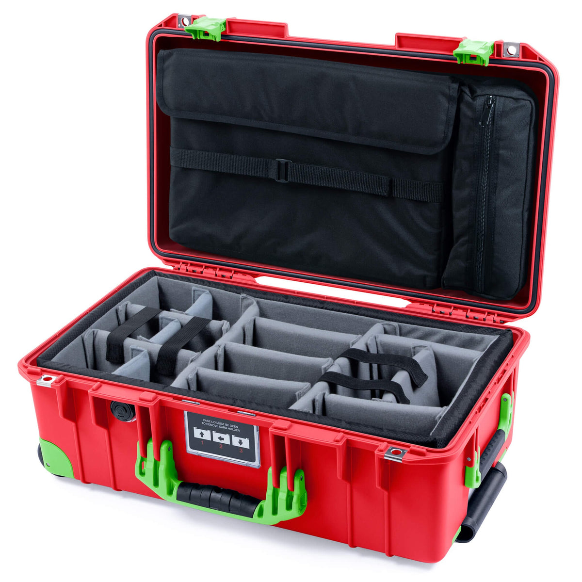 Pelican 1535 Air Case, Red with Lime Green Handles, Latches &amp; Trolley Gray Padded Microfiber Dividers with Computer Pouch ColorCase 015350-0270-320-301-300