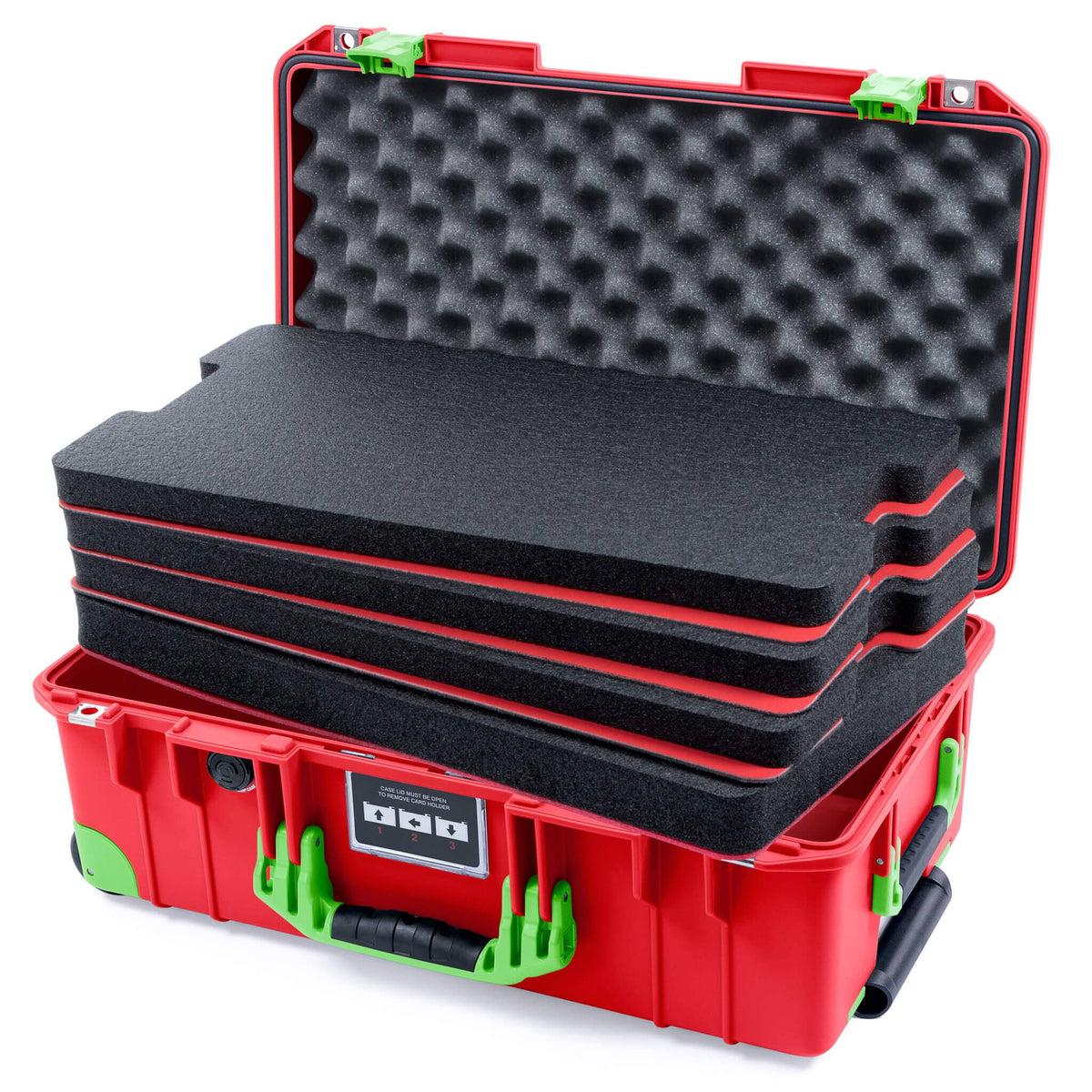 Pelican 1535 Air Case, Red with Lime Green Handles, Latches &amp; Trolley Custom Tool Kit (4 Foam Inserts with Convolute Lid Foam) ColorCase 015350-0060-320-301-300