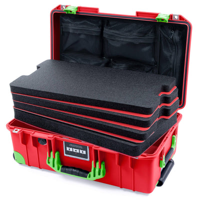 Pelican 1535 Air Case, Red with Lime Green Handles, Latches & Trolley Custom Tool Kit (4 Foam Inserts with Mesh Lid Organizer) ColorCase 015350-0160-320-300-300