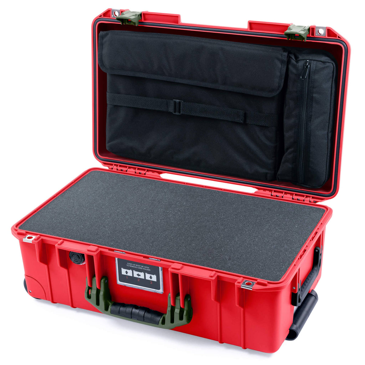 Pelican 1535 Air Case, Red with OD Green Handles &amp; Latches Pick &amp; Pluck Foam with Computer Pouch ColorCase 015350-0201-320-131