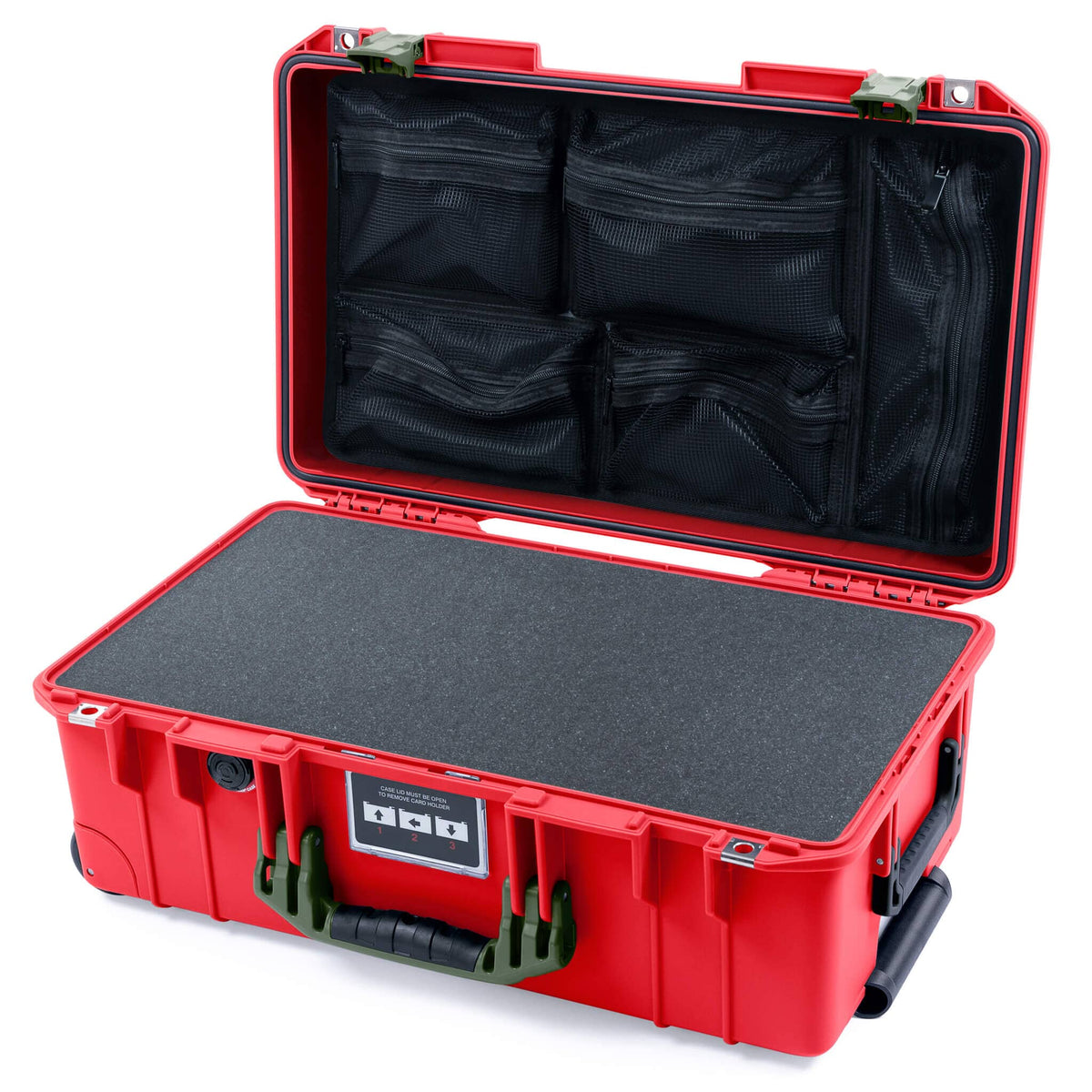 Pelican 1535 Air Case, Red with OD Green Handles &amp; Latches Pick &amp; Pluck Foam with Mesh Lid Organizer ColorCase 015350-0101-320-131