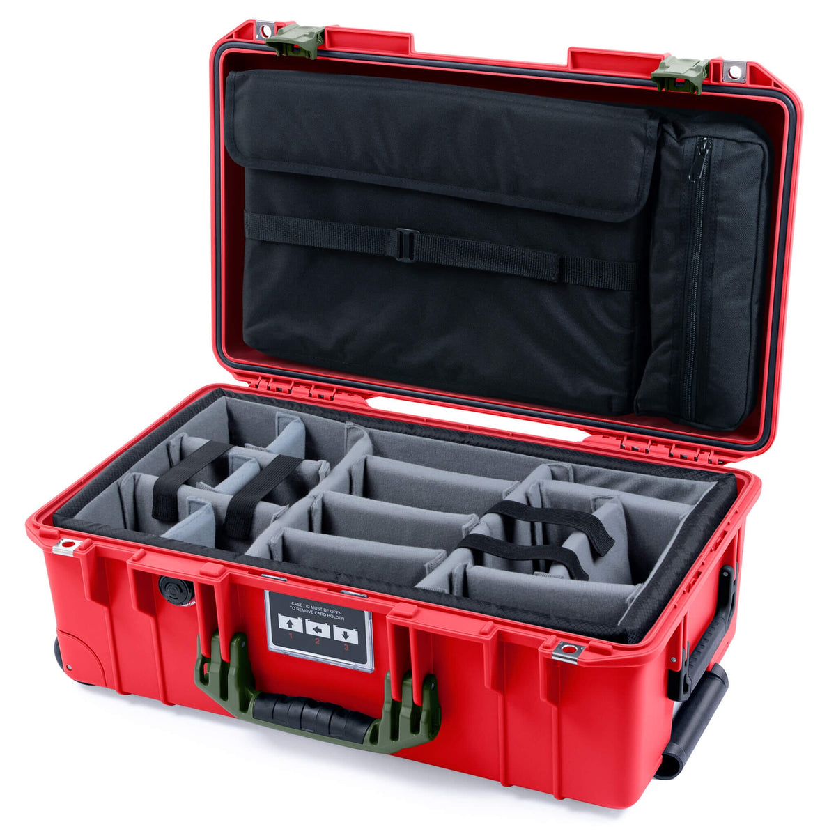 Pelican 1535 Air Case, Red with OD Green Handles &amp; Latches Gray Padded Microfiber Dividers with Computer Pouch ColorCase 015350-0270-320-131