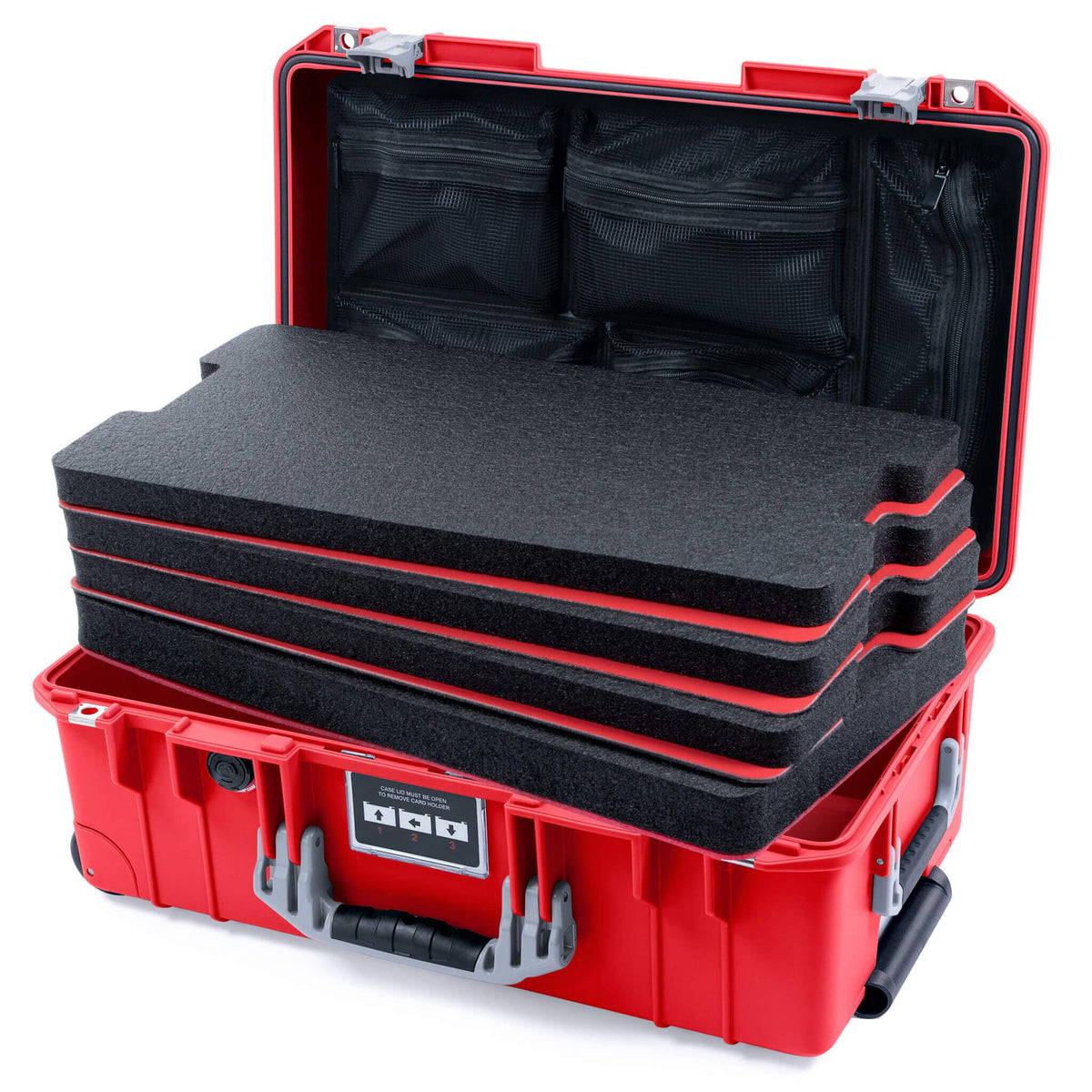 Pelican 1535 Air Case, Red with Silver Handles &amp; Push-Button Latches Custom Tool Kit (4 Foam Inserts with Mesh Lid Organizer) ColorCase 015350-0160-320-181