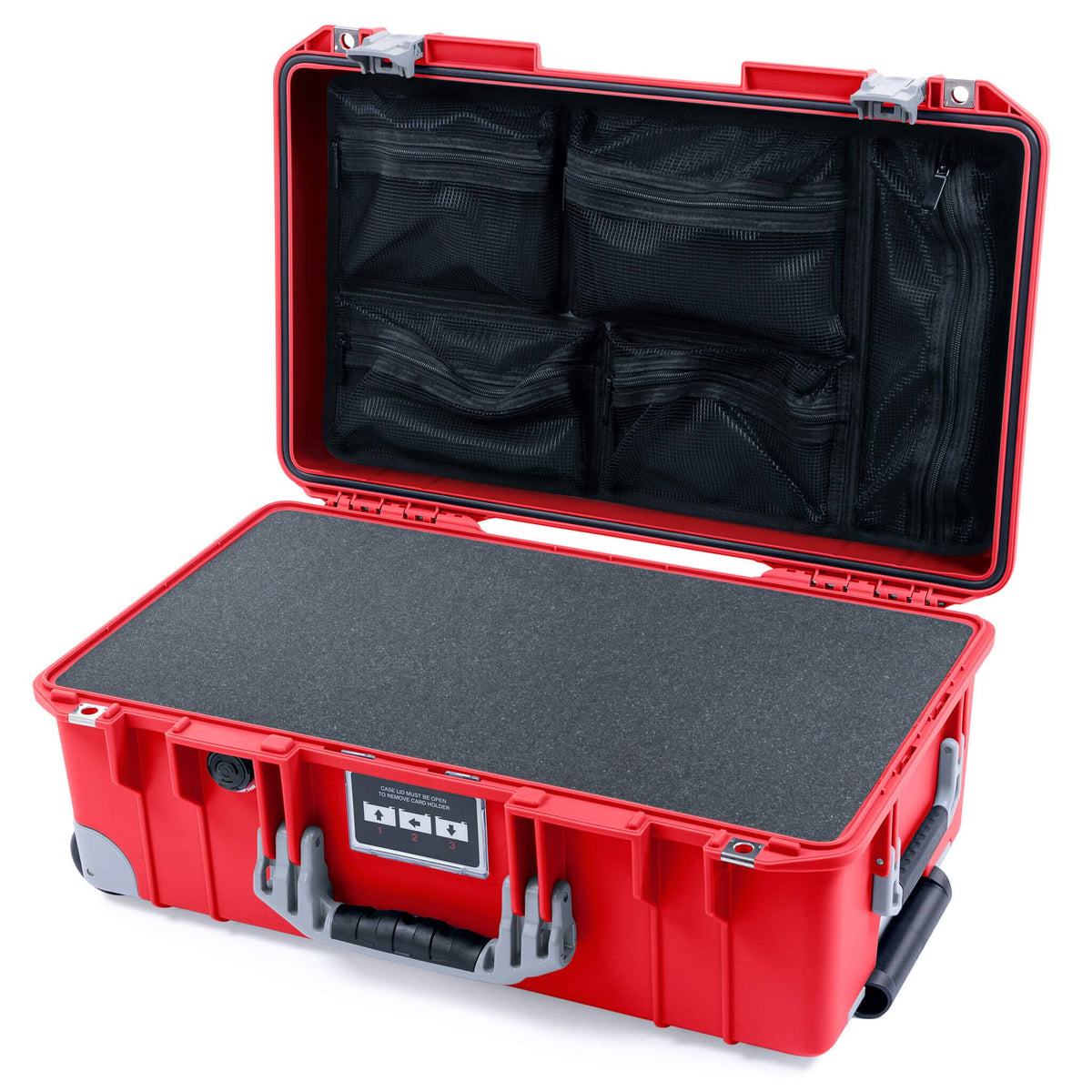 Pelican 1535 Air Case, Red with Silver Handles, Push-Button Latches &amp; Trolley Pick &amp; Pluck Foam with Mesh Lid Organizer ColorCase 015350-0101-320-181-180
