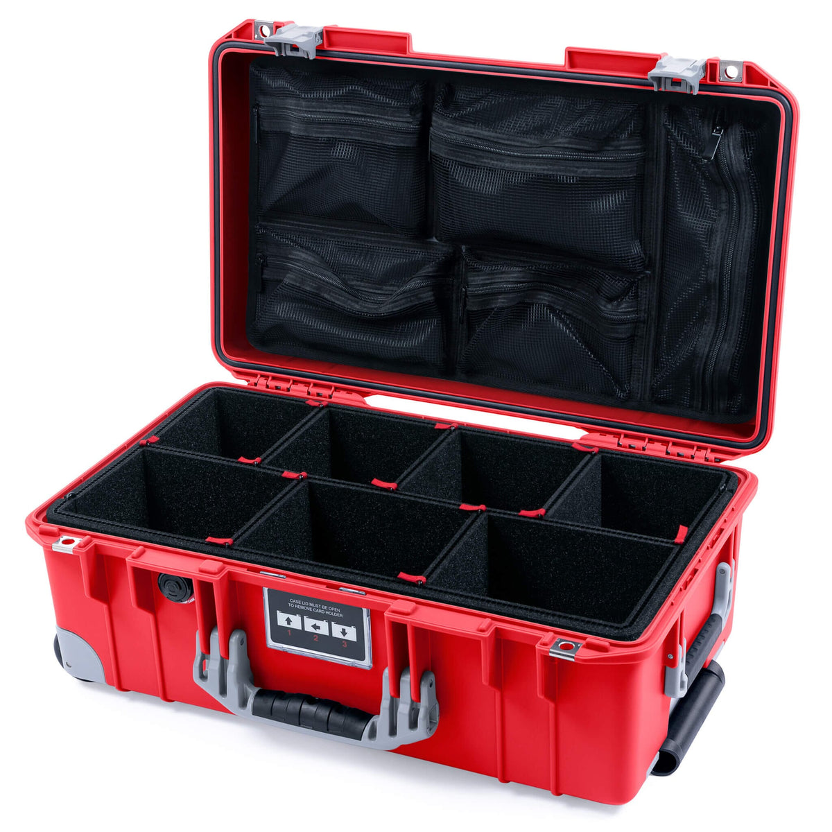 Pelican 1535 Air Case, Red with Silver Handles, Push-Button Latches &amp; Trolley TrekPak Divider System with Mesh Lid Organizer ColorCase 015350-0120-320-181-180