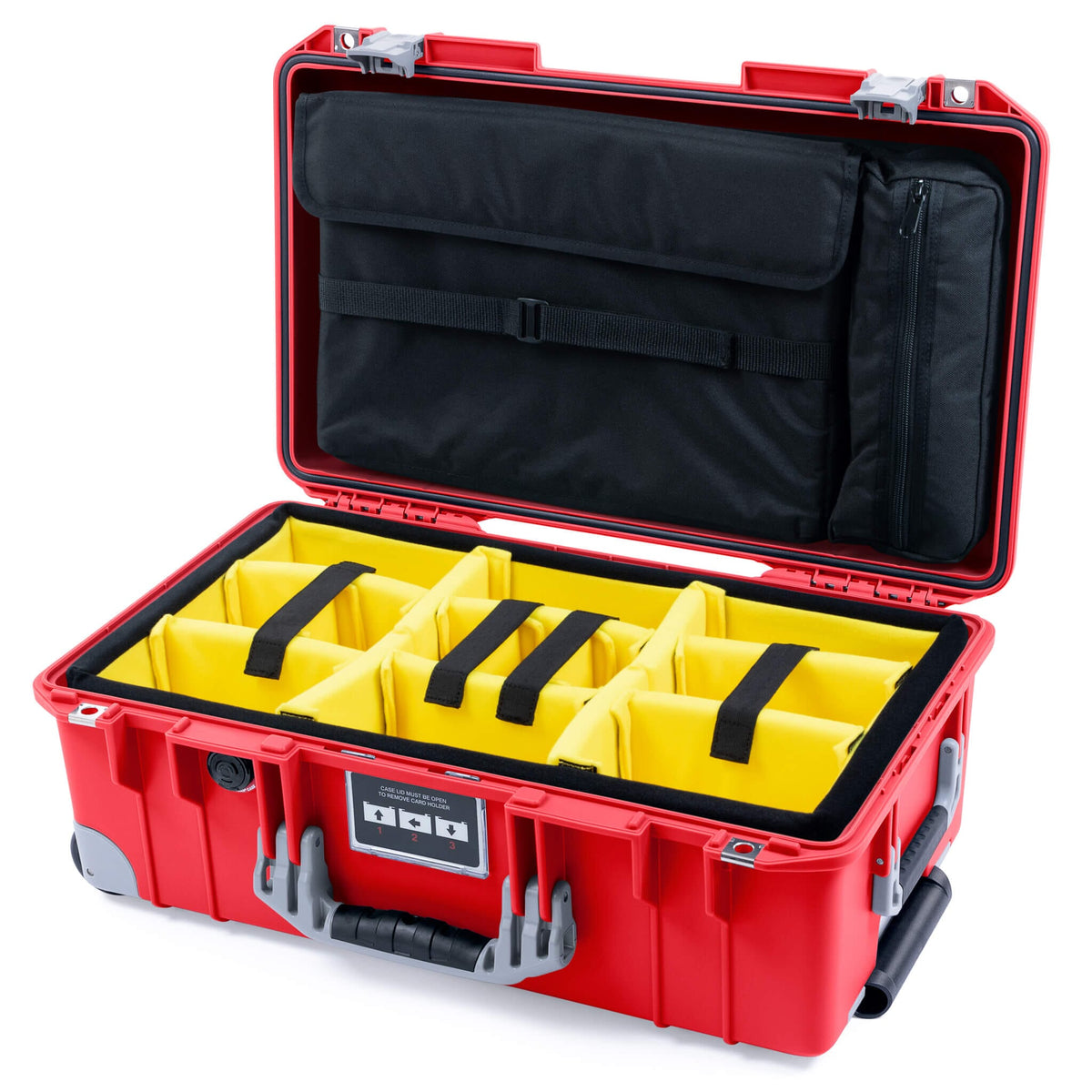 Pelican 1535 Air Case, Red with Silver Handles, Push-Button Latches &amp; Trolley Yellow Padded Microfiber Dividers with Computer Pouch ColorCase 015350-0210-320-181-180