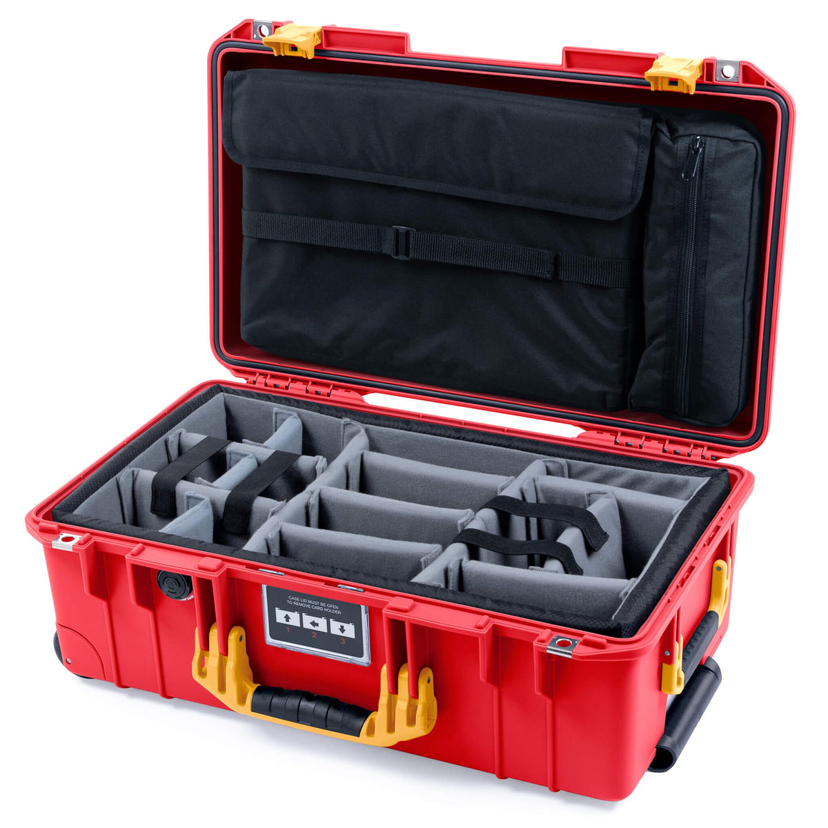 Pelican 1535 Air Case, Red with Yellow Handles &amp; Push-Button Latches Gray Padded Microfiber Dividers with Computer Pouch ColorCase 015350-0270-320-241