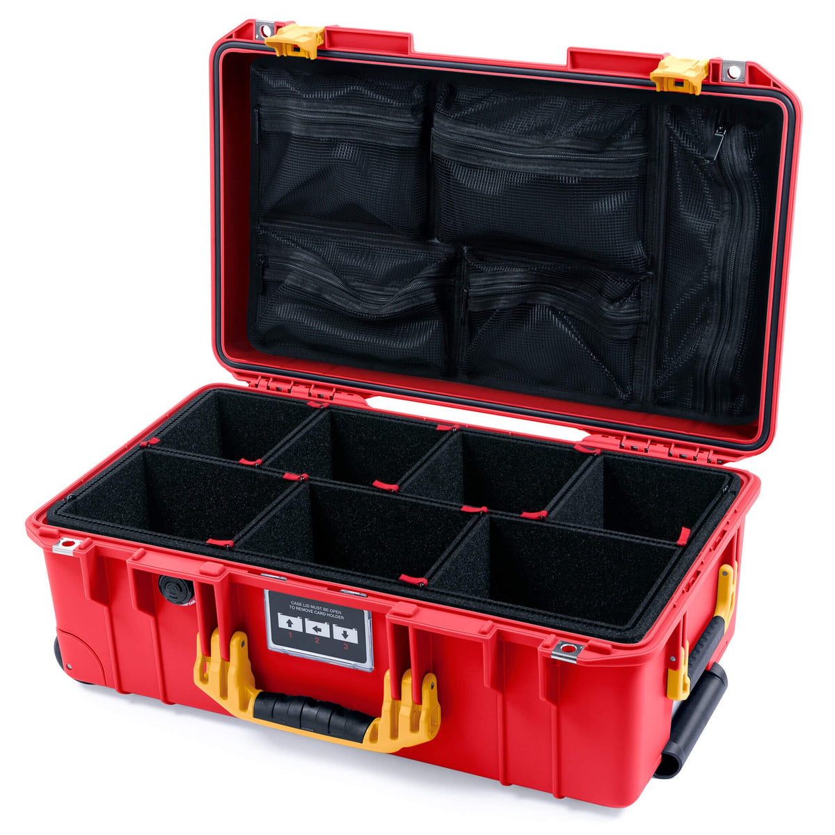 Pelican 1535 Air Case, Red with Yellow Handles &amp; Push-Button Latches TrekPak Divider System with Mesh Lid Organizer ColorCase 015350-0120-320-241