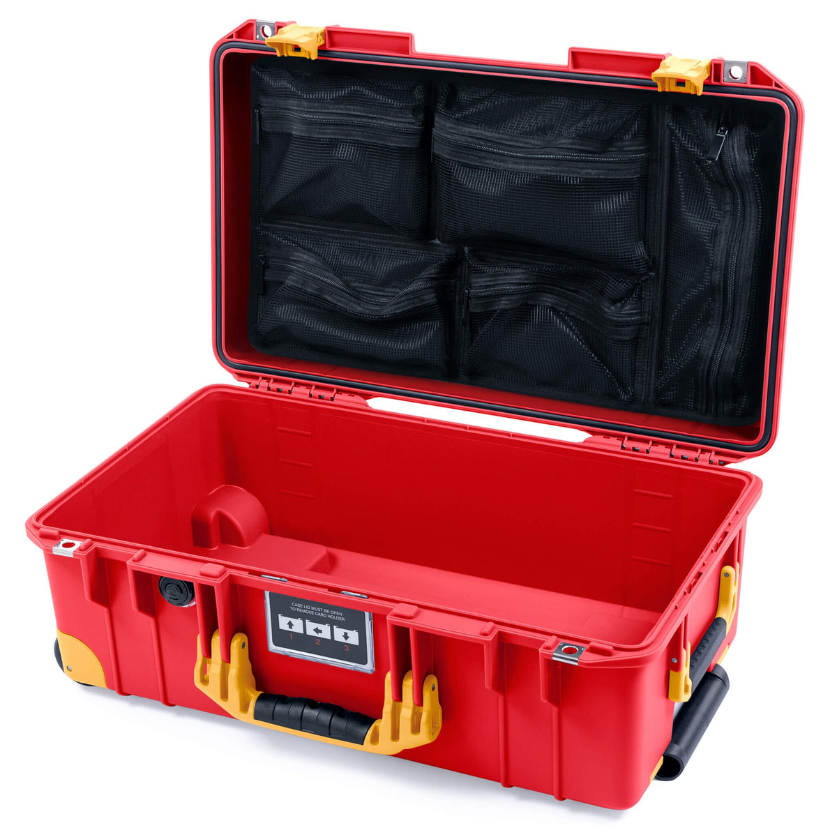Pelican 1535 Air Case, Red with Yellow Handles, Push-Button Latches &amp; Trolley Mesh Lid Organizer Only ColorCase 015350-0100-320-241-240