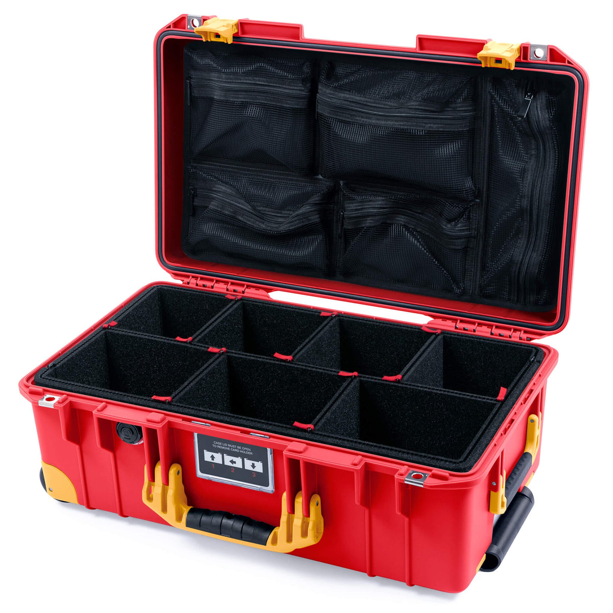 Pelican 1535 Air Case, Red with Yellow Handles, Push-Button Latches &amp; Trolley TrekPak Divider System with Mesh Lid Organizer ColorCase 015350-0120-320-241-240