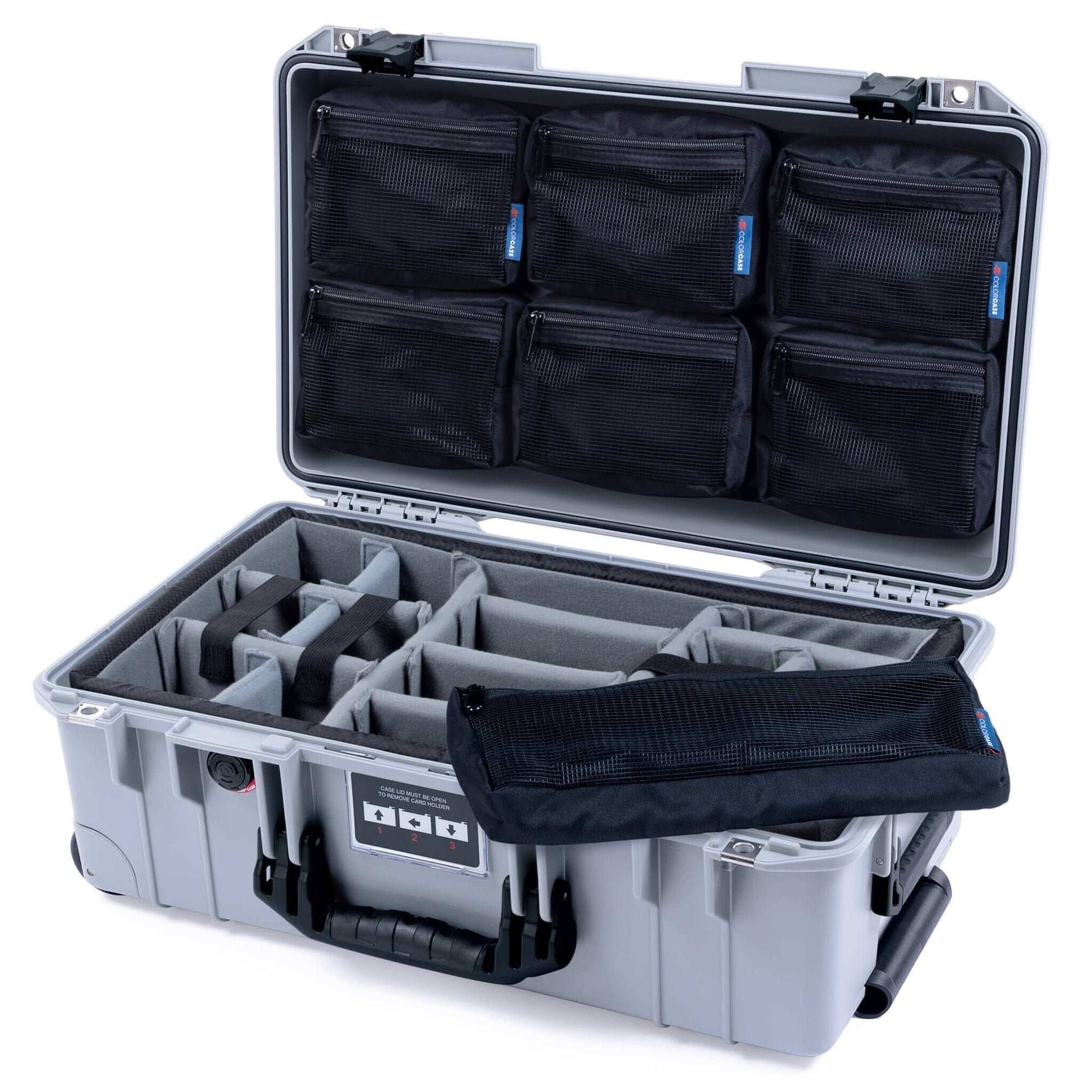 Pelican 1535 Air Case, Silver with Black Handles & Latches Gray Padded Microfiber Dividers with 7-Piece Removable Mesh Pouches ColorCase 015350-0770-180-111