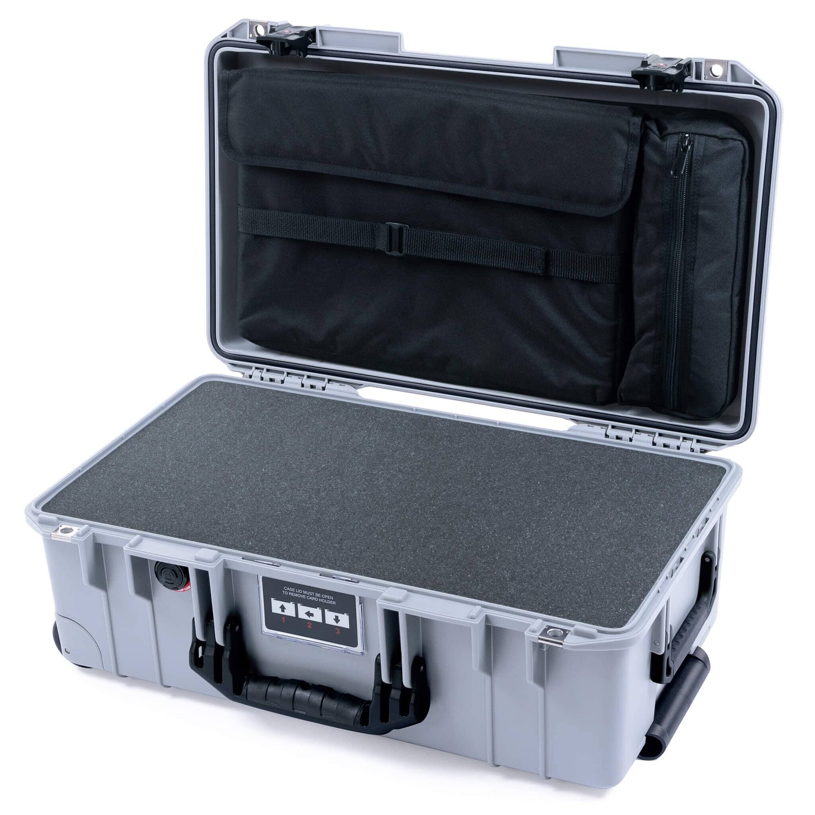 Pelican 1535 Air Case, Silver with Black Handles & TSA Locking Latches Pick & Pluck Foam with Laptop Computer Lid Pouch ColorCase 015350-0201-180-L10