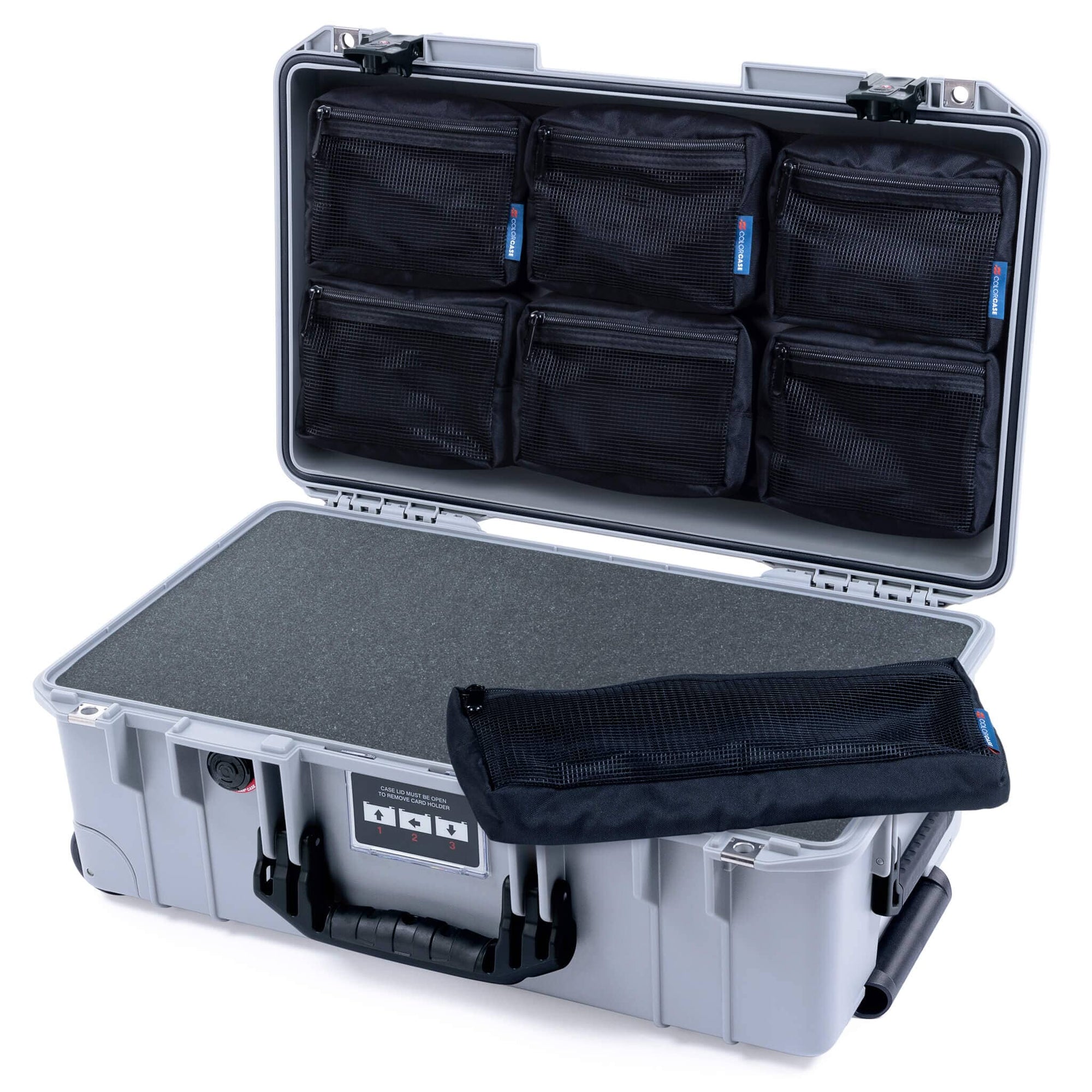 Pelican 1535 Air Case, Silver with Black Handles & TSA Locking Latches Pick & Pluck Foam with 7-Piece Removable Mesh Pouches ColorCase 015350-0701-180-L10