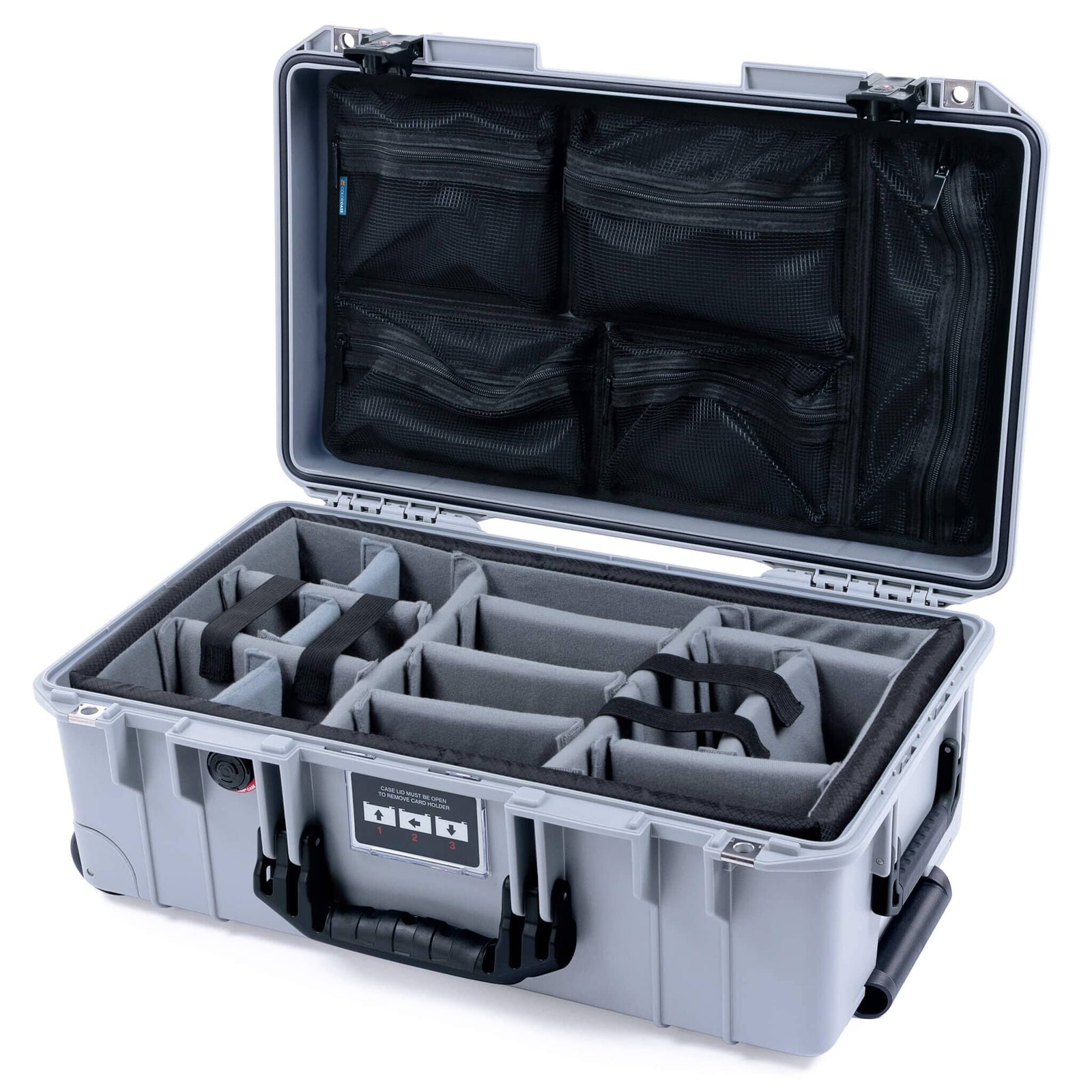 Pelican 1535 Air Case, Silver with Black Handles & TSA Locking Latches Gray Padded Microfiber Dividers with Mesh Lid Organizer ColorCase 015350-0170-180-L10