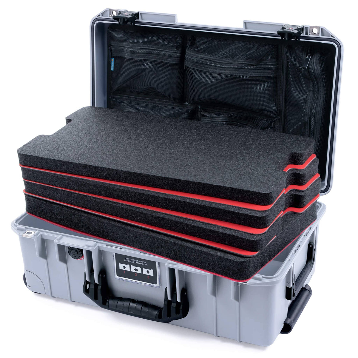 Pelican 1535 Air Case, Silver with Black Handles &amp; TSA Locking Latches Custom Tool Kit (4 Foam Inserts with Mesh Lid Organizer) ColorCase 015350-0160-180-L10