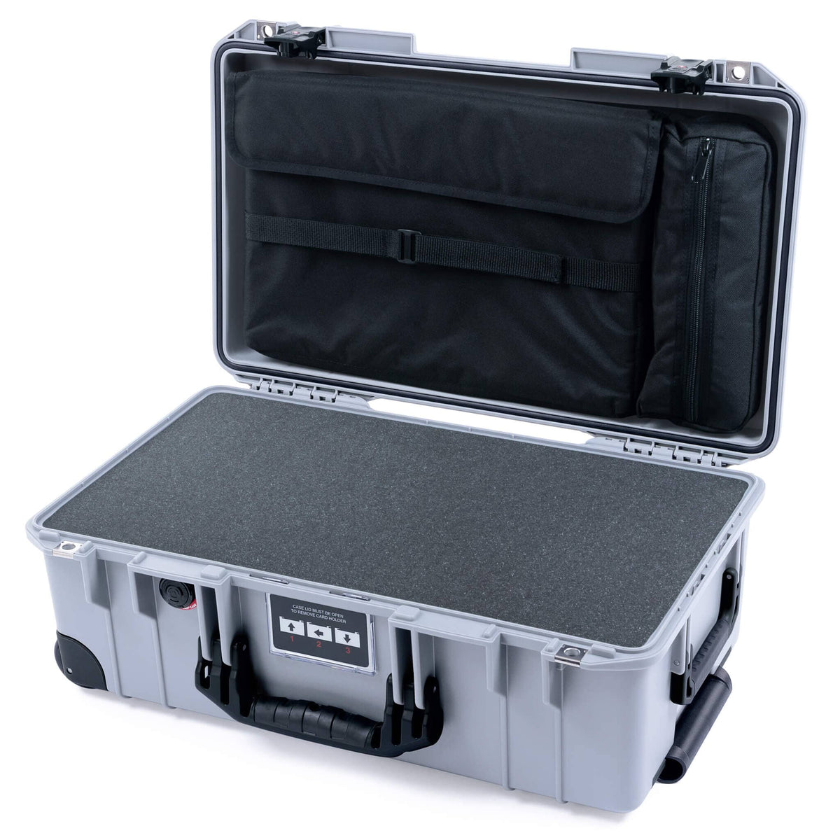 Pelican 1535 Air Case, Silver with Black Handles, TSA Locking Latches &amp; Trolley Pick &amp; Pluck Foam with Laptop Computer Lid Pouch ColorCase 015350-0201-180-L10-110