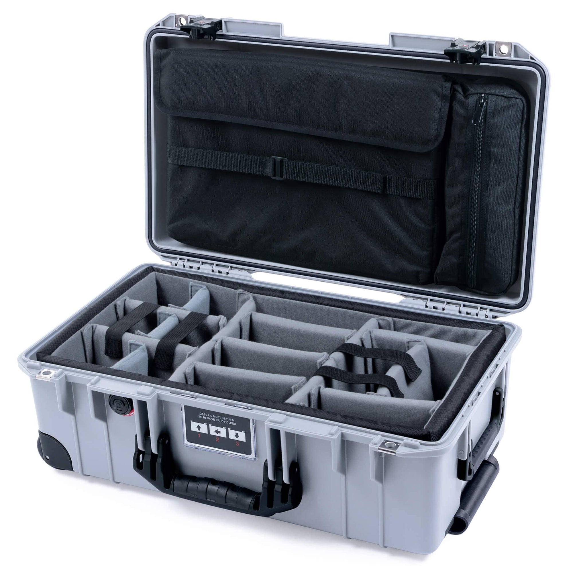 Pelican 1535 Air Case, Silver with Black Handles, TSA Locking Latches & Trolley Gray Padded Microfiber Dividers with Laptop Computer Lid Pouch ColorCase 015350-0270-180-L10-110