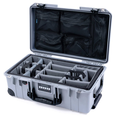 Pelican 1535 Air Case, Silver with Black Handles, TSA Locking Latches & Trolley Gray Padded Microfiber Dividers with Mesh Lid Organizer ColorCase 015350-0170-180-L10-110