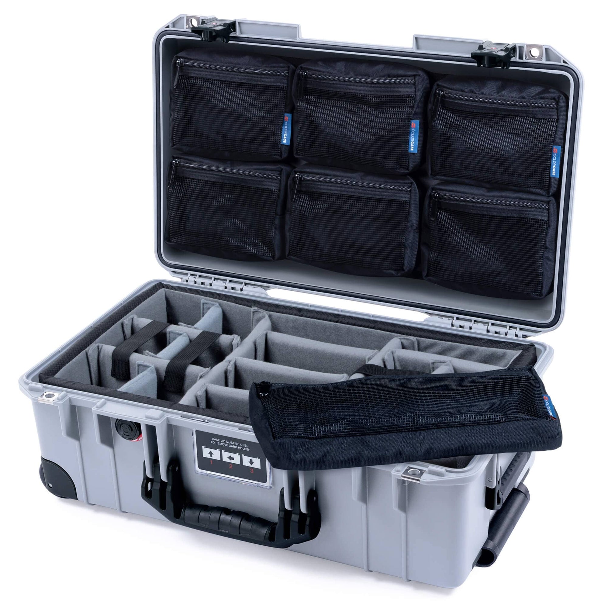 Pelican 1535 Air Case, Silver with Black Handles, TSA Locking Latches & Trolley Gray Padded Microfiber Dividers with 7-Piece Removable Mesh Pouches ColorCase 015350-0770-180-L10-110