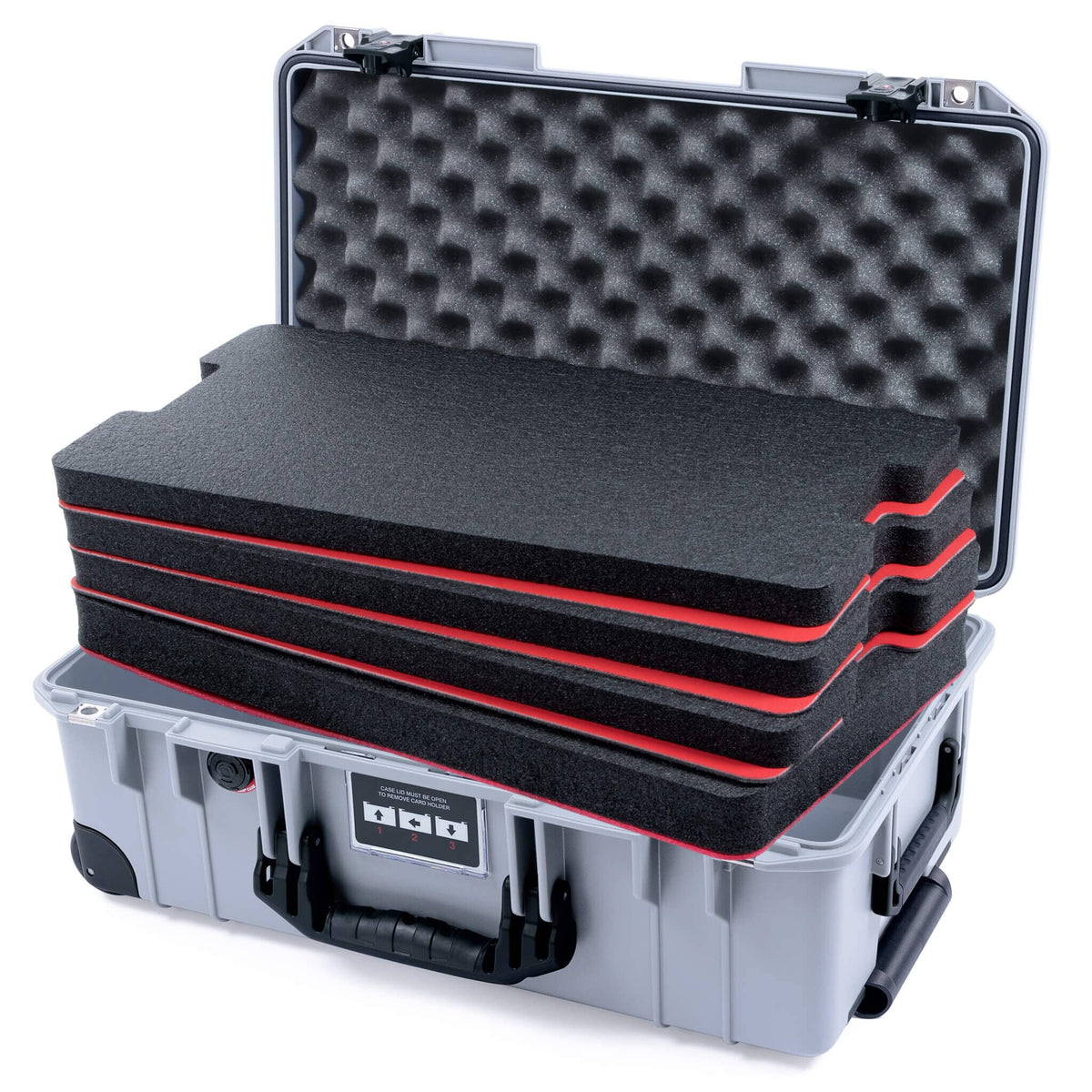 Pelican 1535 Air Case, Silver with Black Handles, TSA Locking Latches &amp; Trolley Custom Tool Kit (4 Foam Inserts with Convolute Lid Foam) ColorCase 015350-0060-180-L10-110