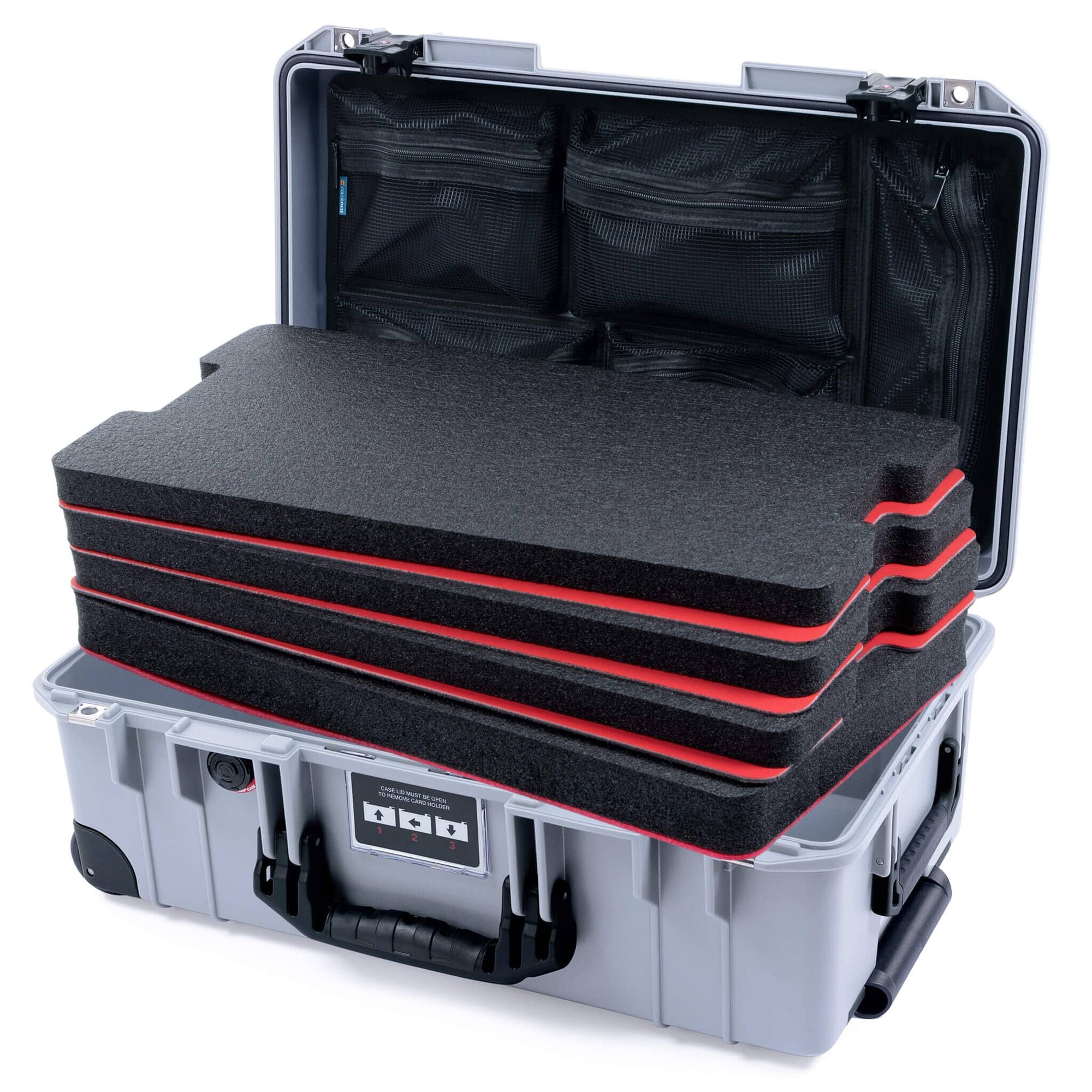 Pelican 1535 Air Case, Silver with Black Handles, TSA Locking Latches & Trolley Custom Tool Kit (4 Foam Inserts with Mesh Lid Organizer) ColorCase 015350-0160-180-L10-110