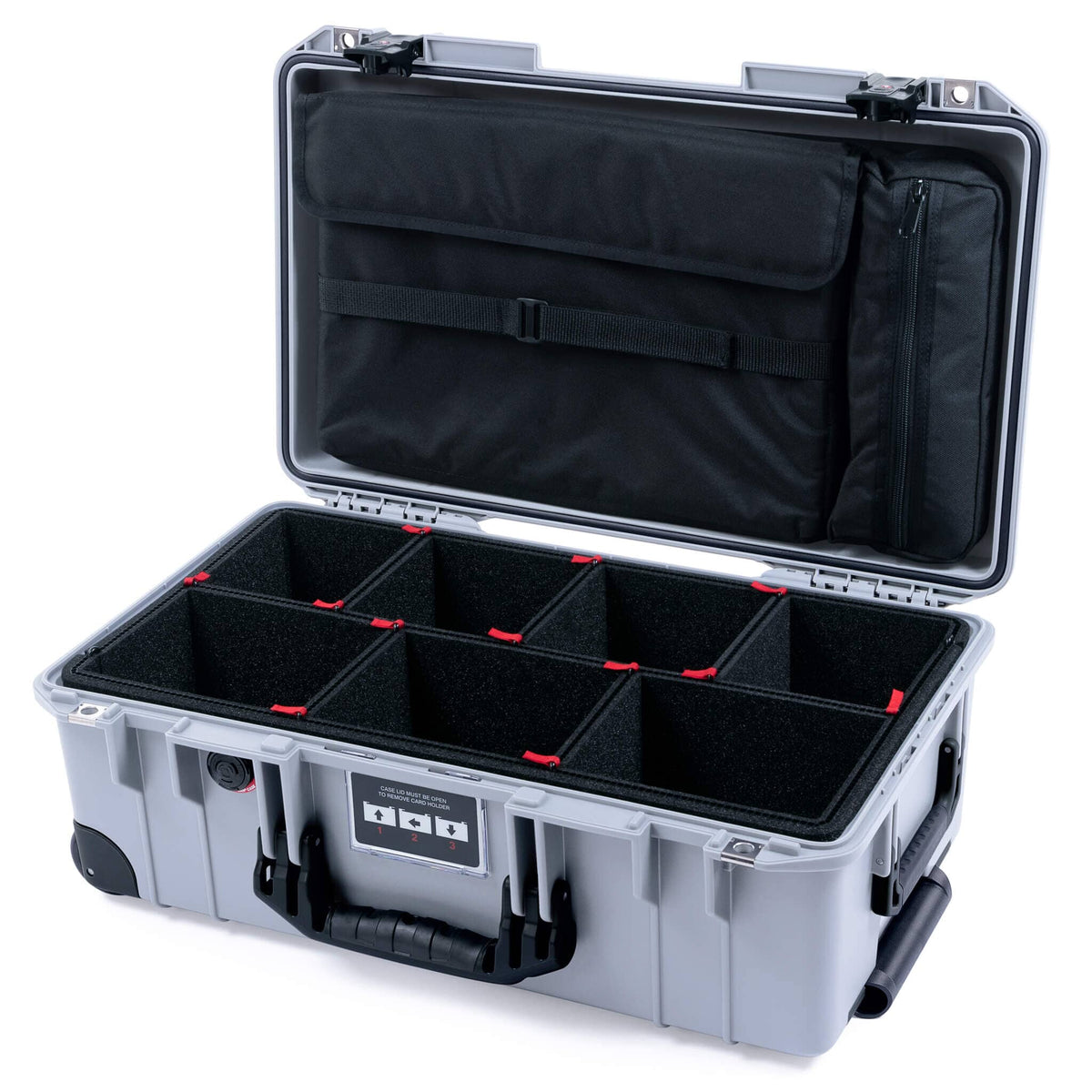 Pelican 1535 Air Case, Silver with Black Handles, TSA Locking Latches &amp; Trolley TrekPak Divider System with Laptop Computer Lid Pouch ColorCase 015350-0220-180-L10-110