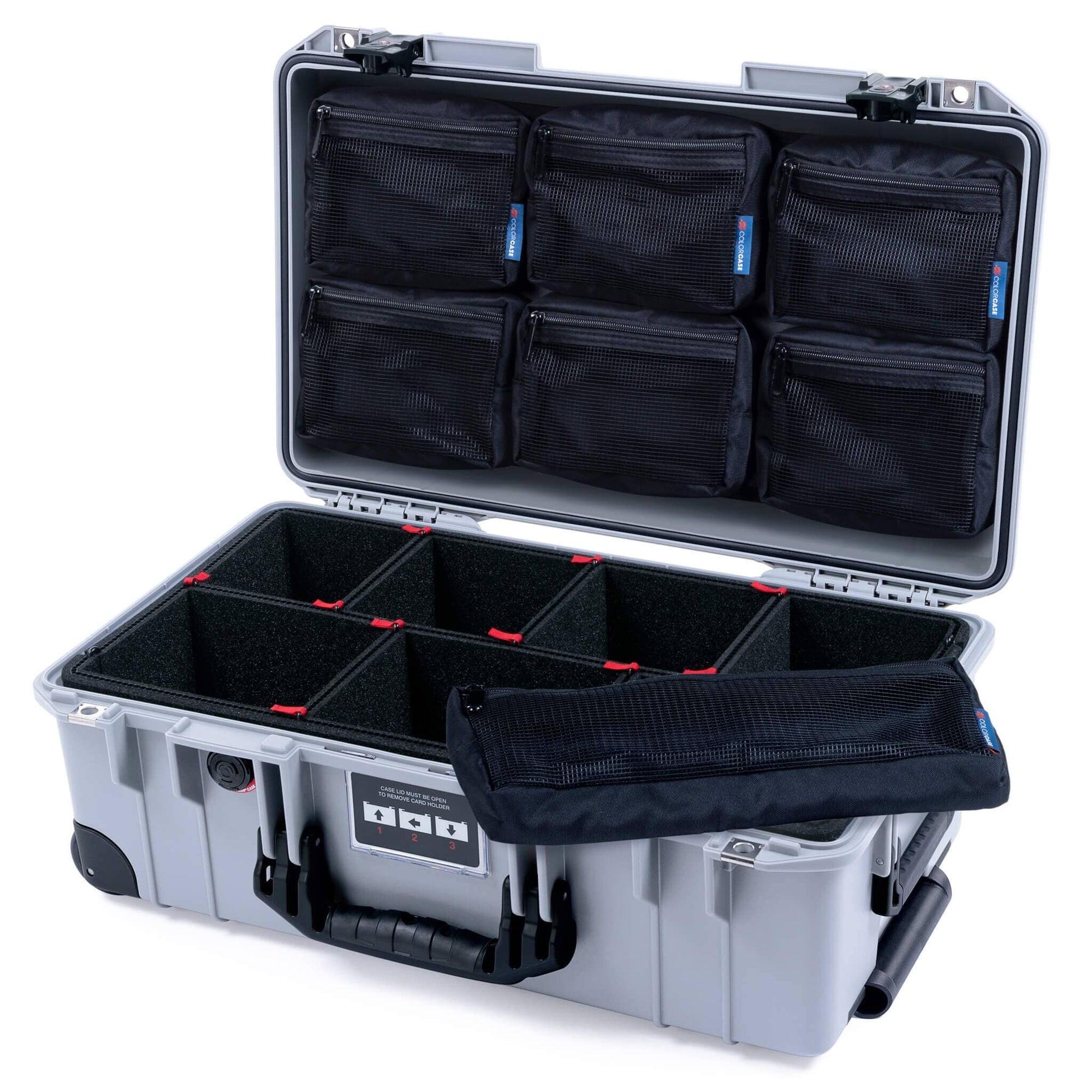 Pelican 1535 Air Case, Silver with Black Handles, TSA Locking Latches & Trolley TrekPak Divider System with 7-Piece Removable Mesh Pouches ColorCase 015350-0720-180-L10-110