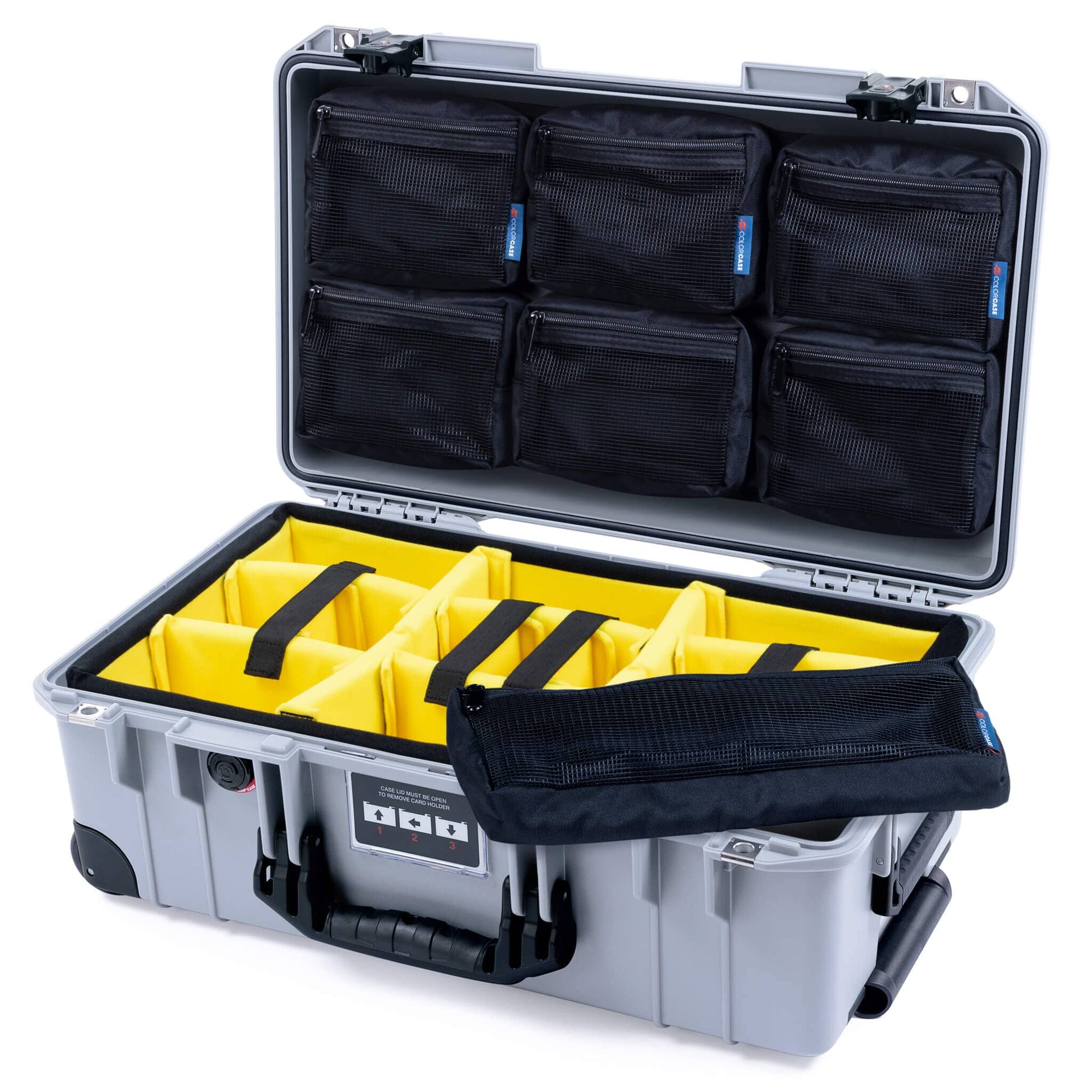 Pelican 1535 Air Case, Silver with Black Handles, TSA Locking Latches & Trolley Yellow Padded Microfiber Dividers with 7-Piece Removable Mesh Pouches ColorCase 015350-0710-180-L10-110