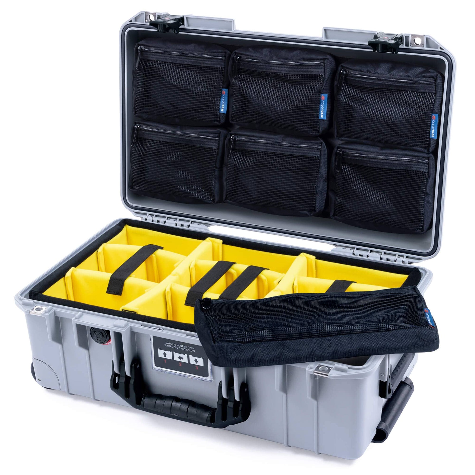 Pelican 1535 Air Case, Silver with Black Handles & TSA Locking Latches Yellow Padded Microfiber Dividers with 7-Piece Removable Mesh Pouches ColorCase 015350-0710-180-L10