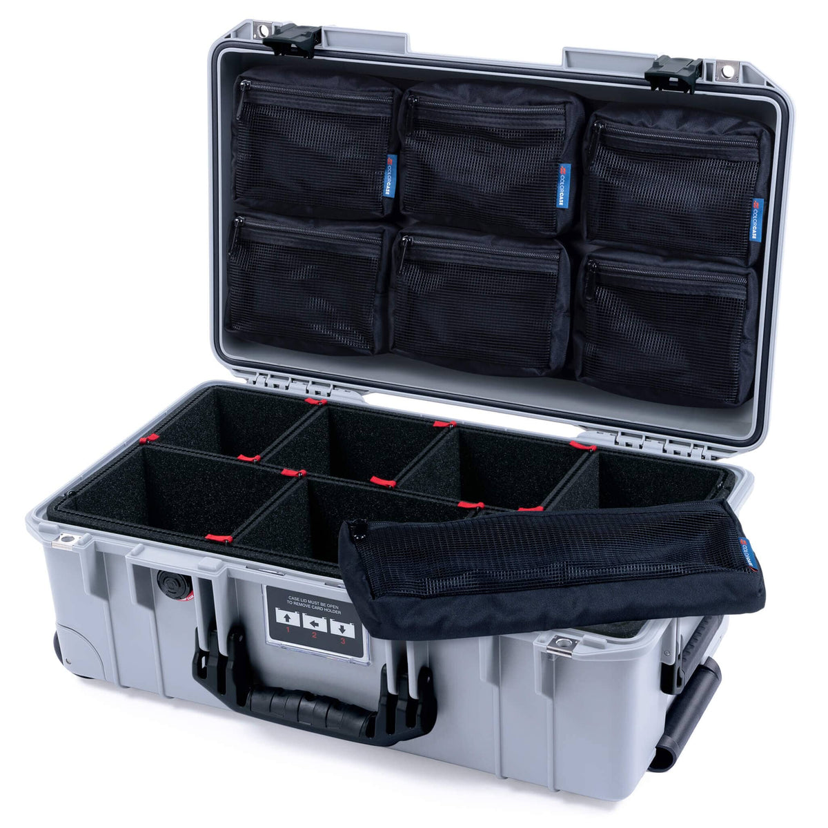 Pelican 1535 Air Case, Silver with Black Handles &amp; Latches TrekPak Divider System with 7-Piece Removable Mesh Pouches ColorCase 015350-0720-180-111
