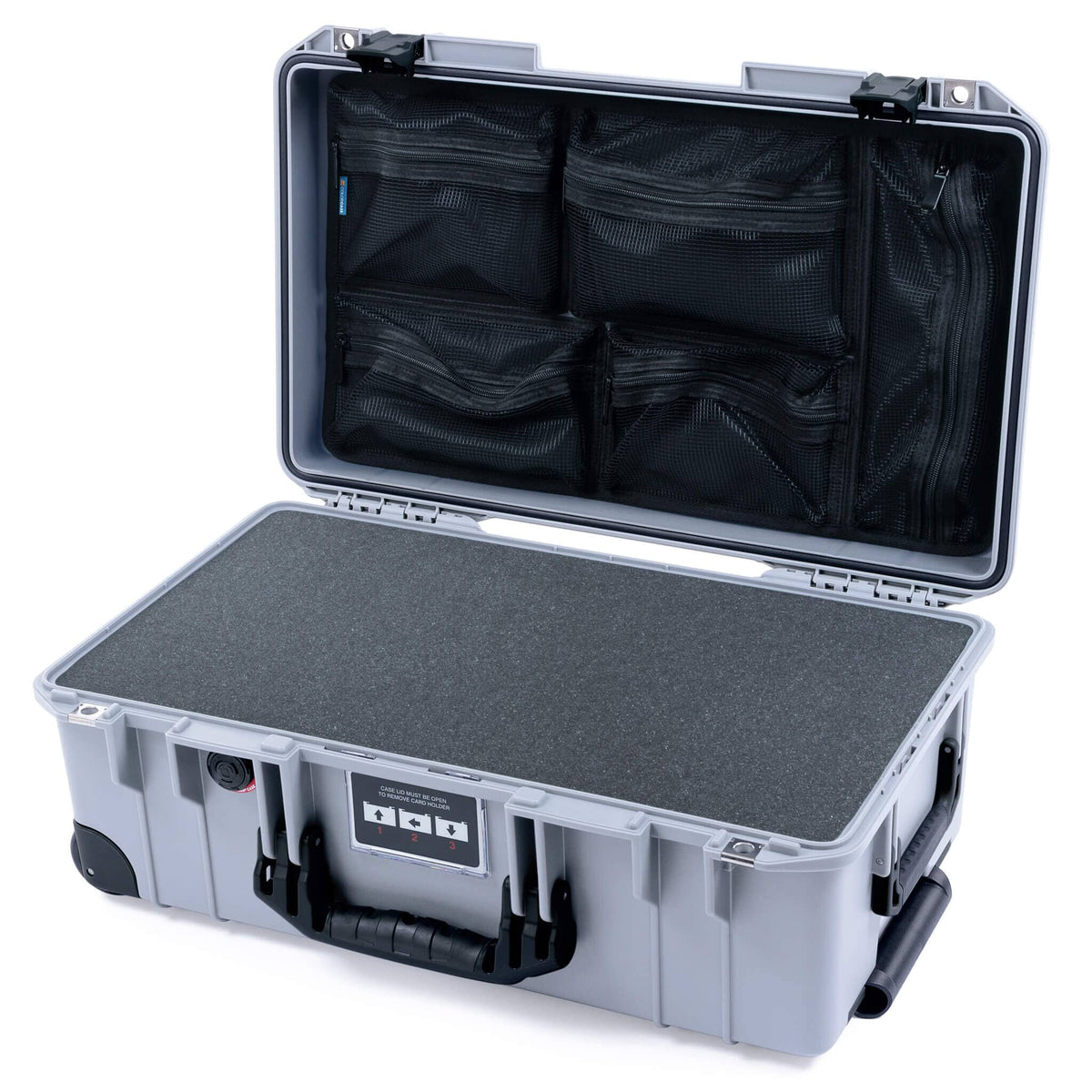 Pelican 1535 Air Case, Silver with Black Handles, Latches &amp; Trolley Pick &amp; Pluck Foam with Mesh Lid Organizer ColorCase 015350-0101-180-111-110