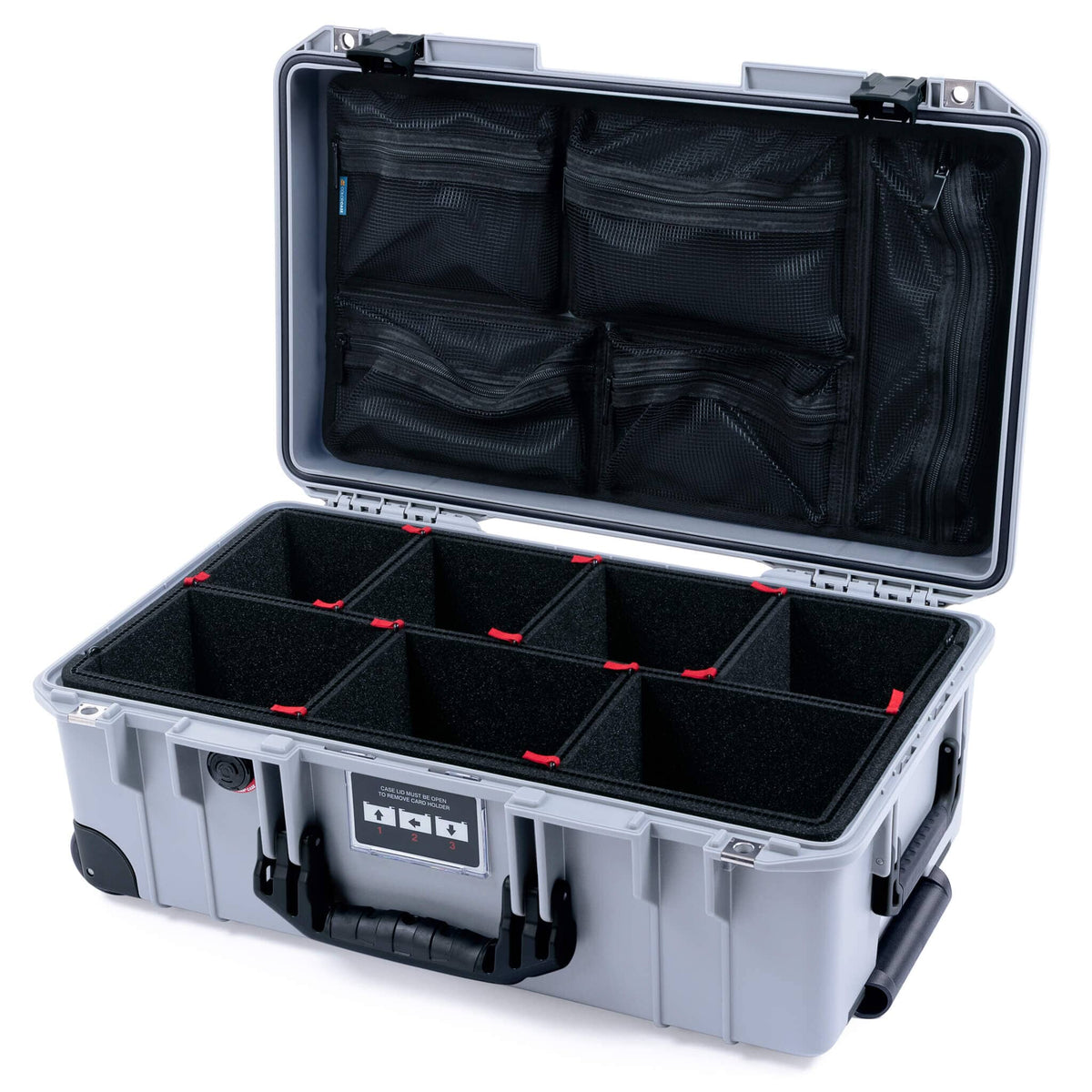 Pelican 1535 Air Case, Silver with Black Handles, Latches &amp; Trolley TrekPak Divider System with Mesh Lid Organizer ColorCase 015350-0120-180-111-110