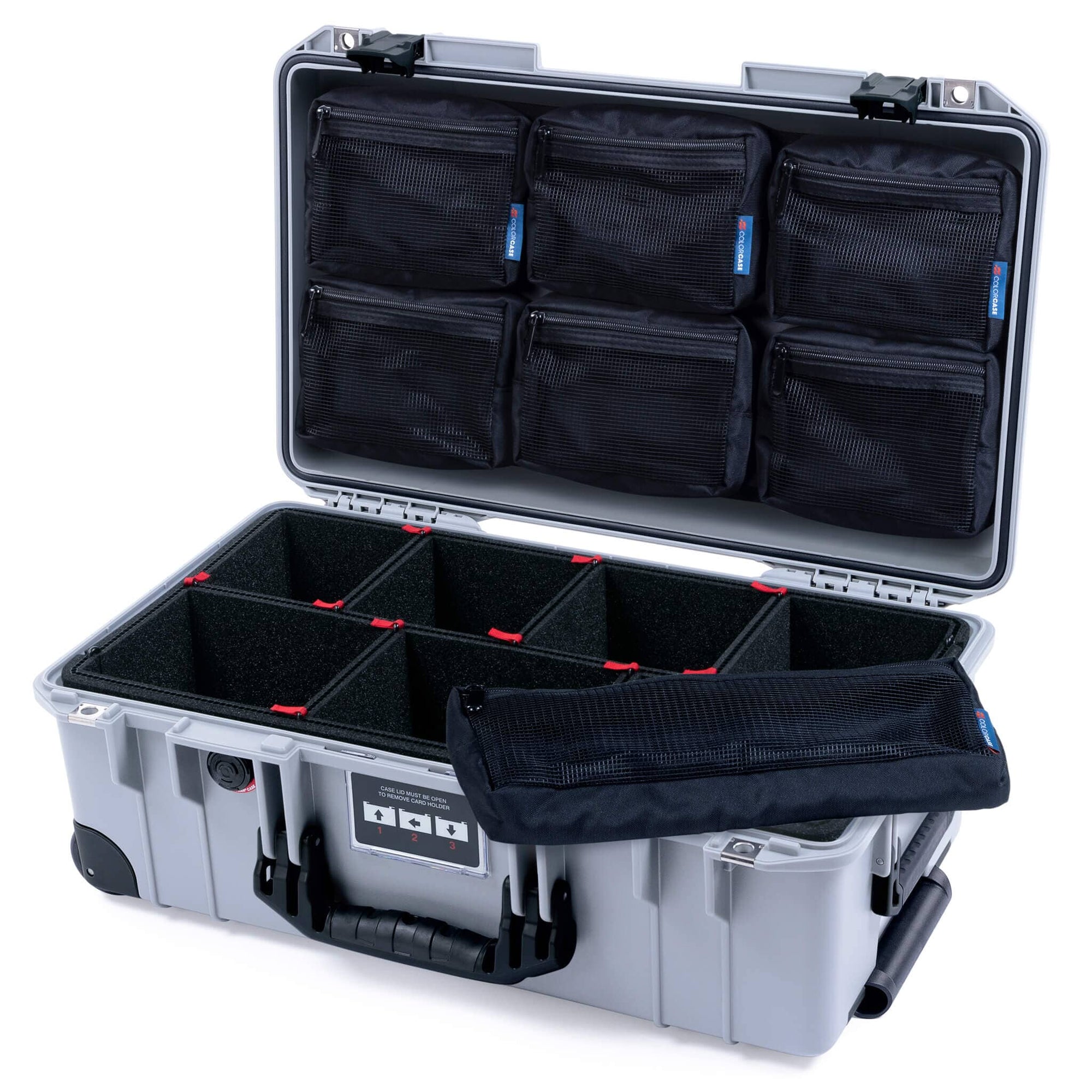 Pelican 1535 Air Case, Silver with Black Handles, Latches & Trolley TrekPak Divider System with 7-Piece Removable Mesh Pouches ColorCase 015350-0720-180-111-110