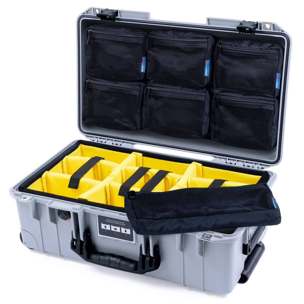 Pelican 1535 Air Case, Silver with Black Handles &amp; Latches Yellow Padded Microfiber Dividers with 7-Piece Removable Mesh Pouches ColorCase 015350-0710-180-111