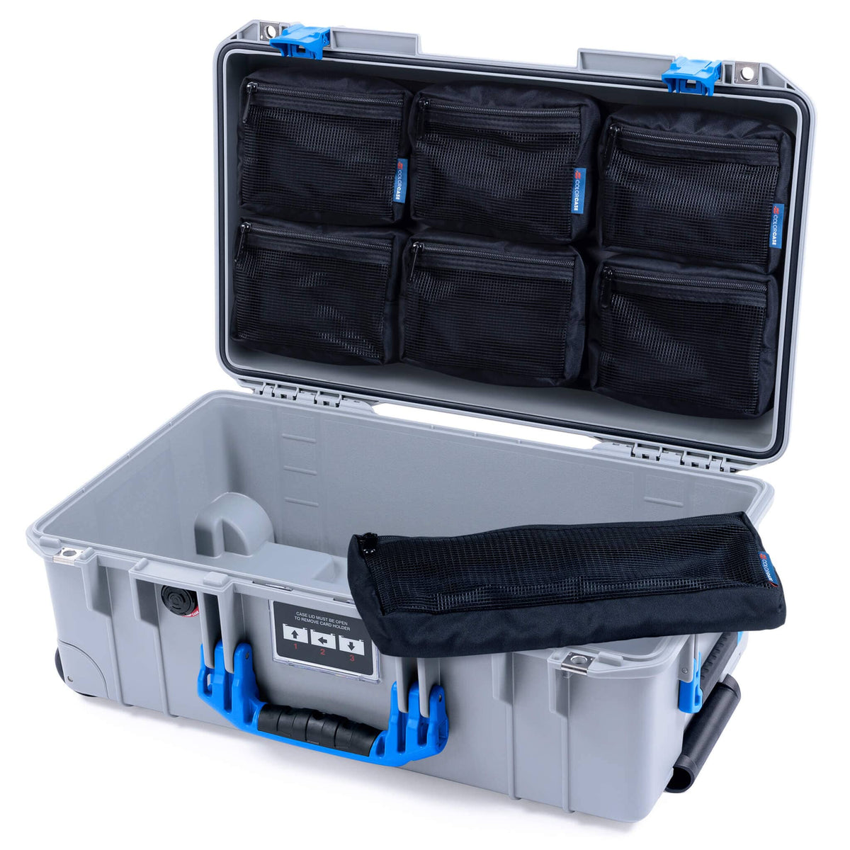 Pelican 1535 Air Case, Silver with Blue Handles &amp; Latches 7-Piece Removable Mesh Pouches Only ColorCase 015350-0700-180-121
