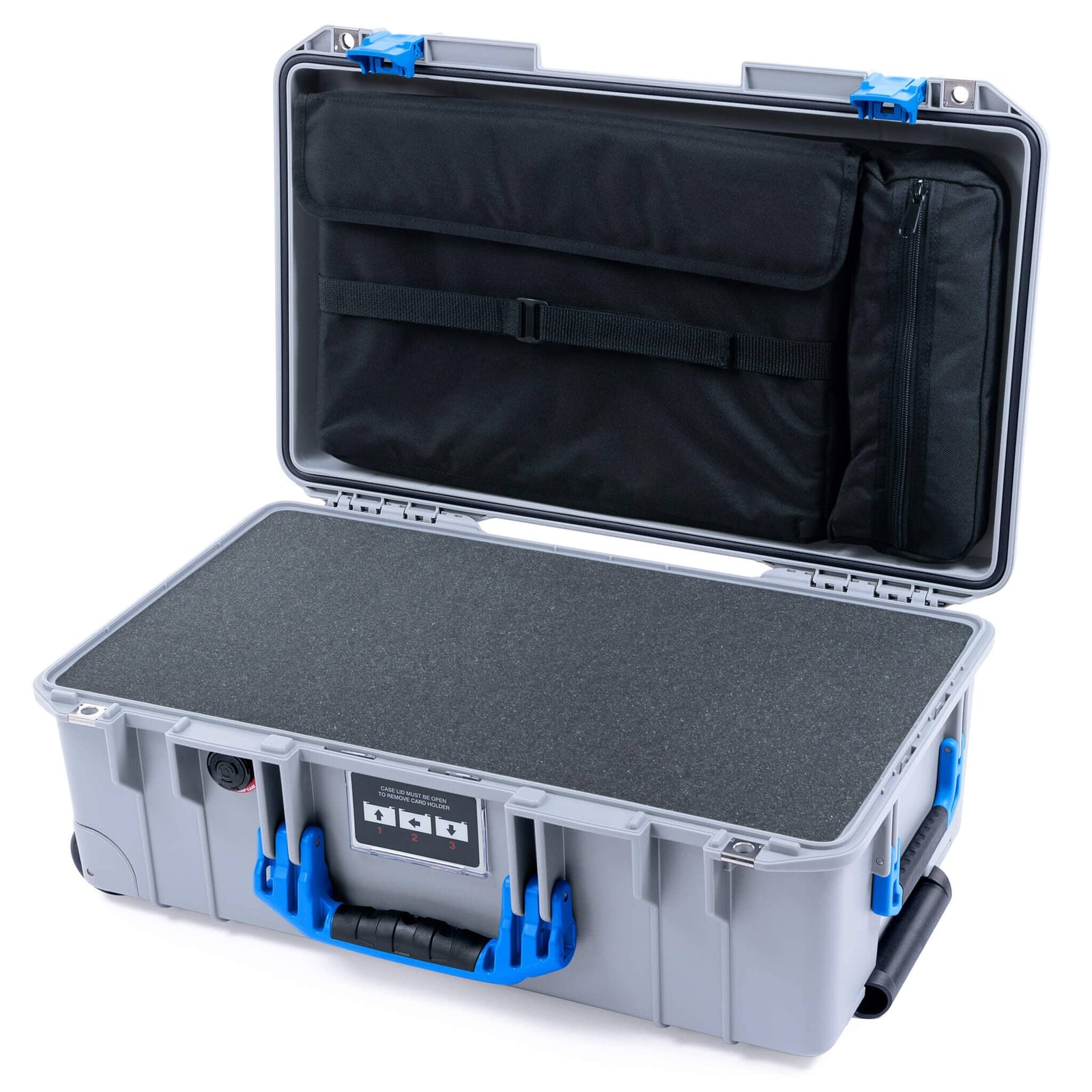 Pelican 1535 Air Case, Silver with Blue Handles & Latches Pick & Pluck Foam with Laptop Computer Lid Pouch ColorCase 015350-0201-180-121