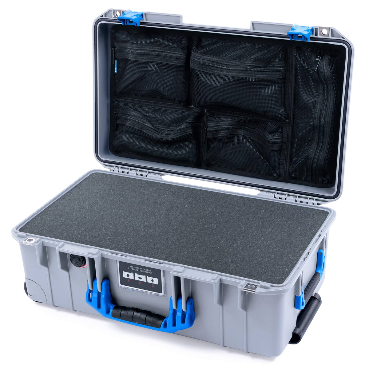 Pelican 1535 Air Case, Silver with Blue Handles &amp; Latches Pick &amp; Pluck Foam with Mesh Lid Organizer ColorCase 015350-0101-180-121