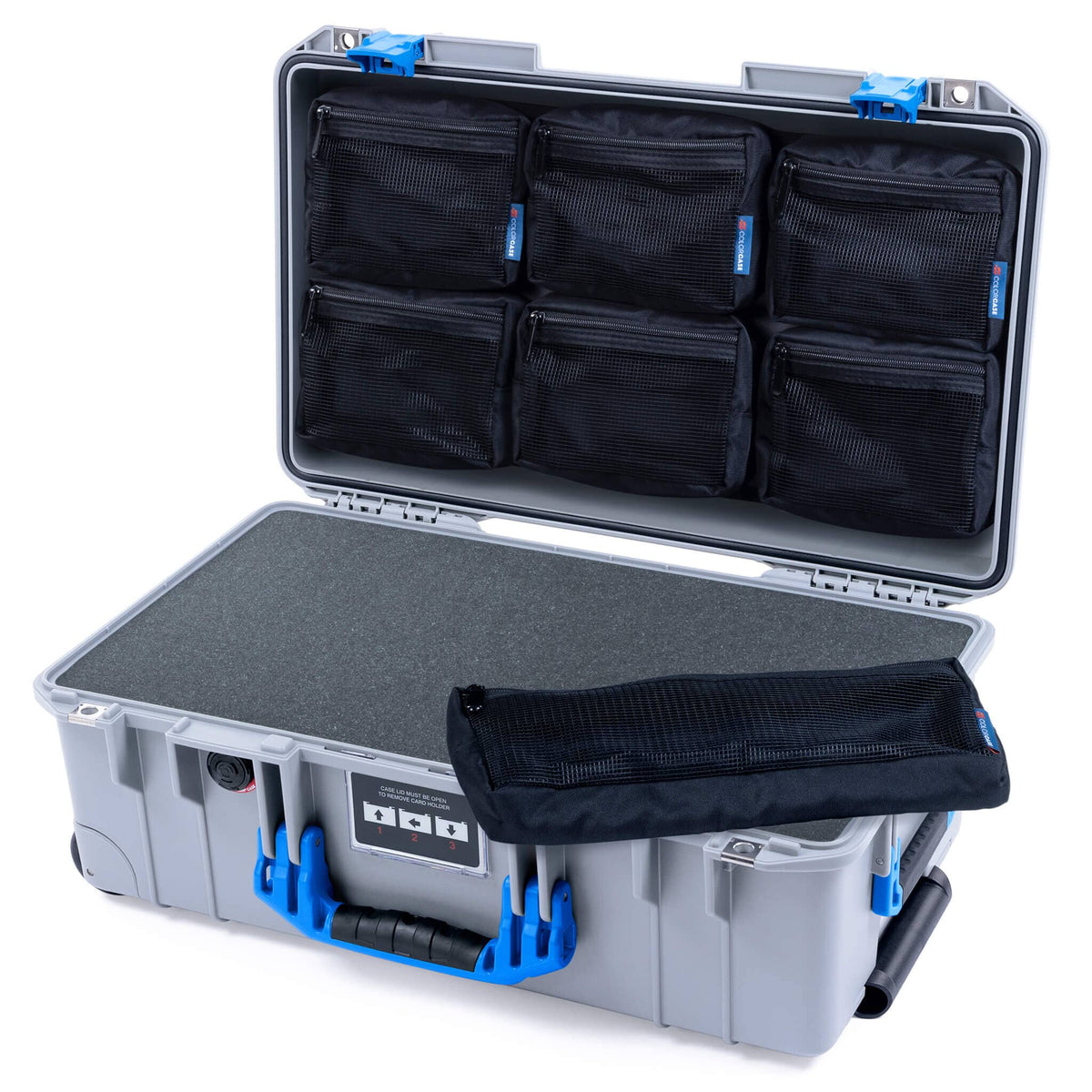 Pelican 1535 Air Case, Silver with Blue Handles &amp; Latches Pick &amp; Pluck Foam with 7-Piece Removable Mesh Pouches ColorCase 015350-0701-180-121