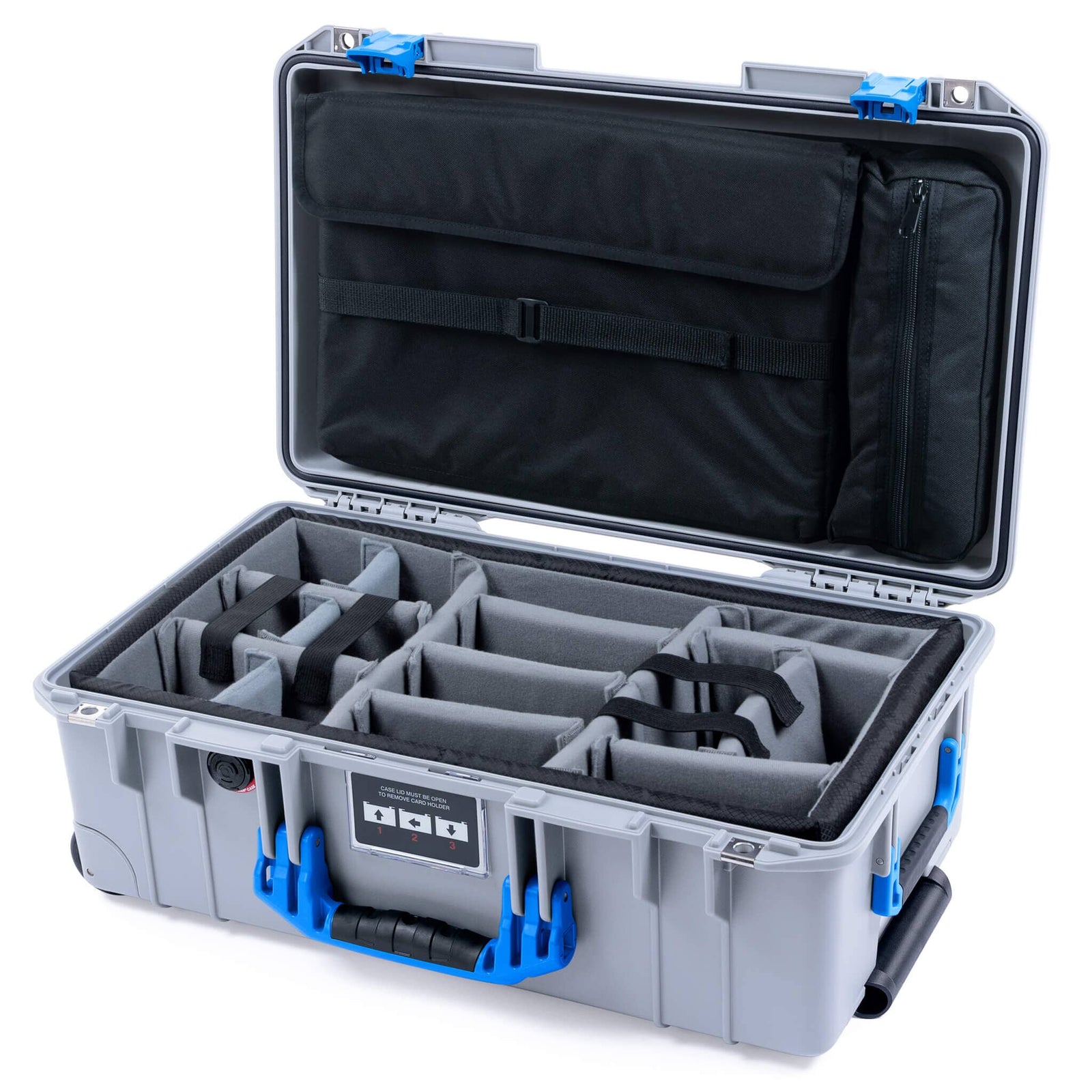 Pelican 1535 Air Case, Silver with Blue Handles & Latches Gray Padded Microfiber Dividers with Laptop Computer Lid Pouch ColorCase 015350-0270-180-121