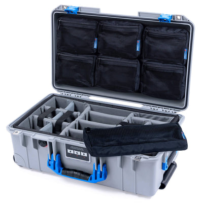 Pelican 1535 Air Case, Silver with Blue Handles & Latches Gray Padded Microfiber Dividers with 7-Piece Removable Mesh Pouches ColorCase 015350-0770-180-121