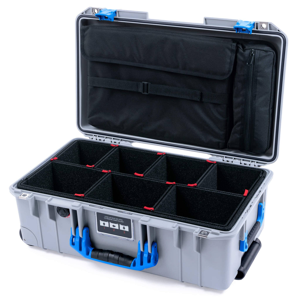 Pelican 1535 Air Case, Silver with Blue Handles &amp; Latches TrekPak Divider System with Laptop Computer Lid Pouch ColorCase 015350-0220-180-121